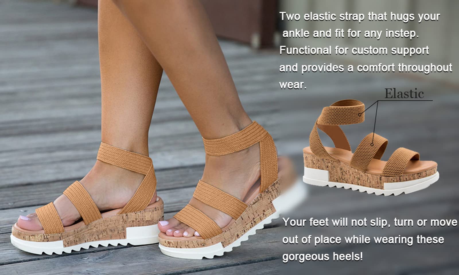 Athlefit Women's Wedge Sandals - Comfortable Cork Platform Sandals with Elastic Strap for Summer, Beach, and Casual Outings