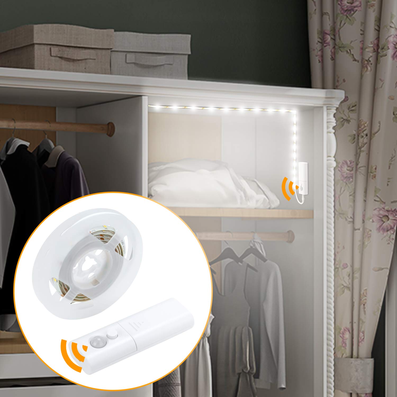 Motion Sensor LED Strip Lights - Battery Powered Closet Lighting with Dual Mode (Auto/Manual) - Under Cabinet, Stairs, Bed, Mirror - No Wiring Needed - White - Perfect for Dark Closets, Kitchens & Nighttime Safety