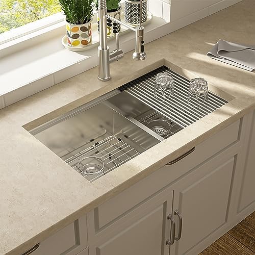 Lordear 30 Inch Undermount Double Bowl Kitchen Sink - 16 Gauge Stainless Steel 60/40 Low Divide Design with Ledge Workstation & Accessories - Perfect for Food Prep, Dishwashing & Modern Kitchen Renovations