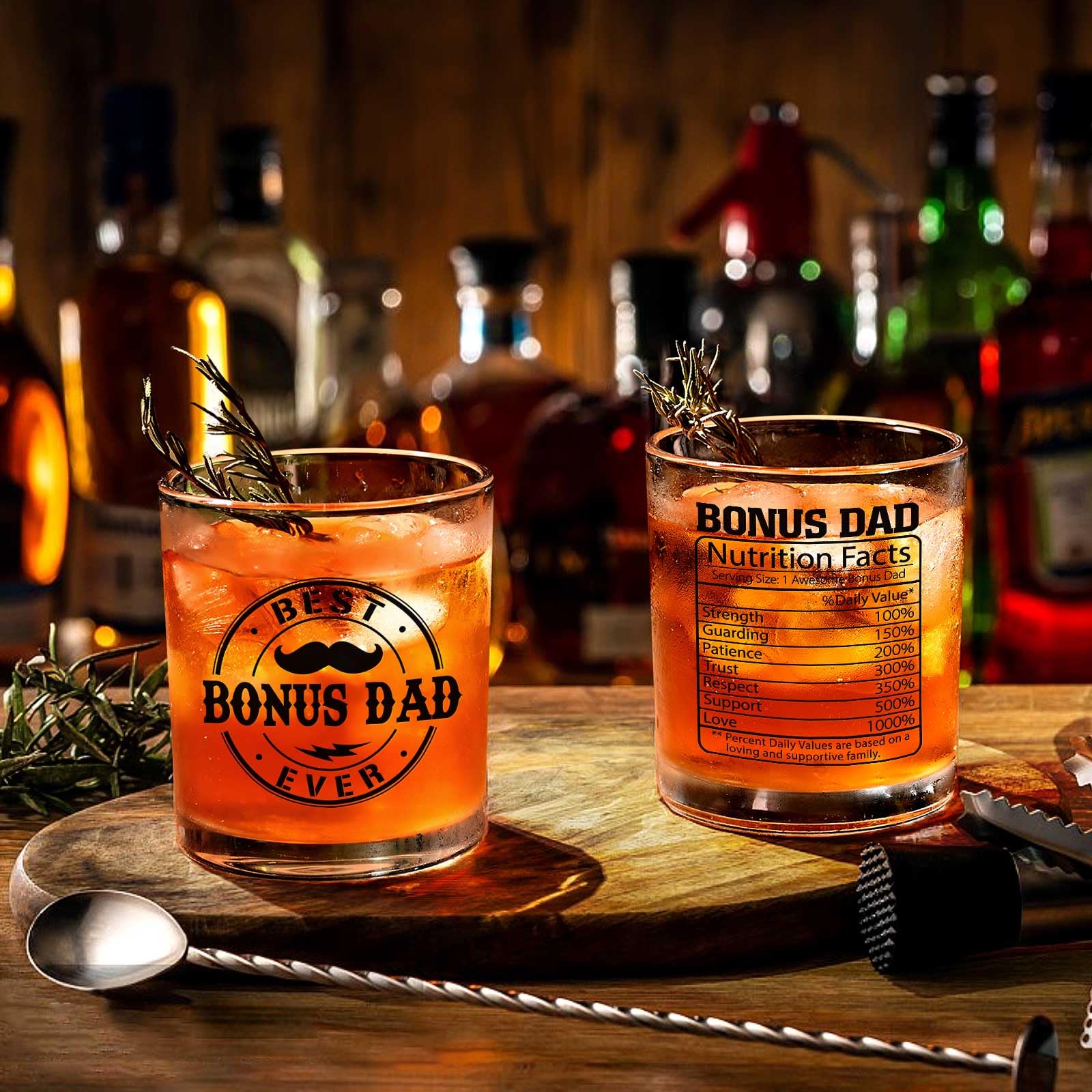 Futtumy Whiskey Glass Gift Set for Step Dad - 10oz Engraved Bonus Dad Glass with Nutrition Facts - Perfect Father's Day, Birthday & Christmas Gifts for Men - Ideal for Whiskey Lovers & Special Occasions