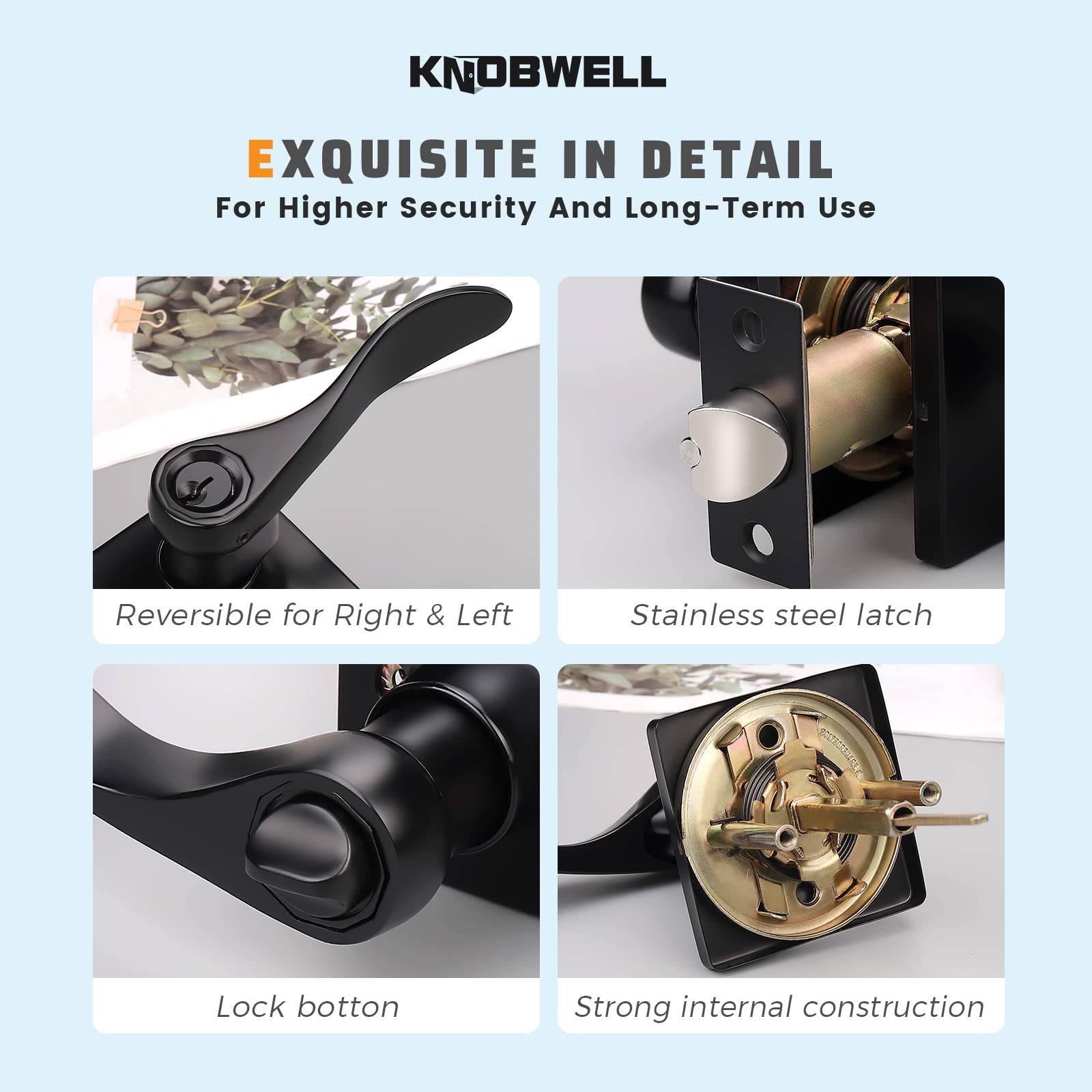 KNOBWELL 3 Pack Matte Black Door Handle Sets with Lock - Interior & Exterior Lever Handles for Front Doors, Bedrooms, Bathrooms - Keyed Entry for Home Security & Privacy