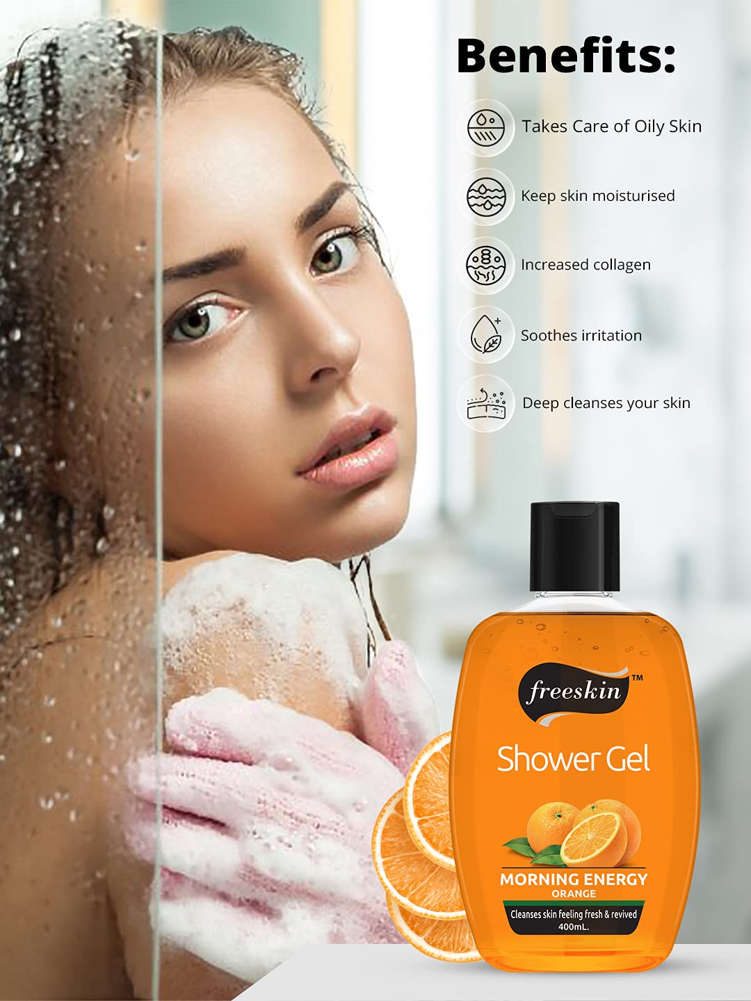 Freeskin Orange Body Wash & Shower Gel - 400ml, Paraben-Free, Sulfate-Free, Mineral Oil-Free, Vegan & Cruelty-Free - Hydrating & Refreshing for All Skin Types - Perfect for Daily Use, Gym, Travel & Sensitive Skin Care