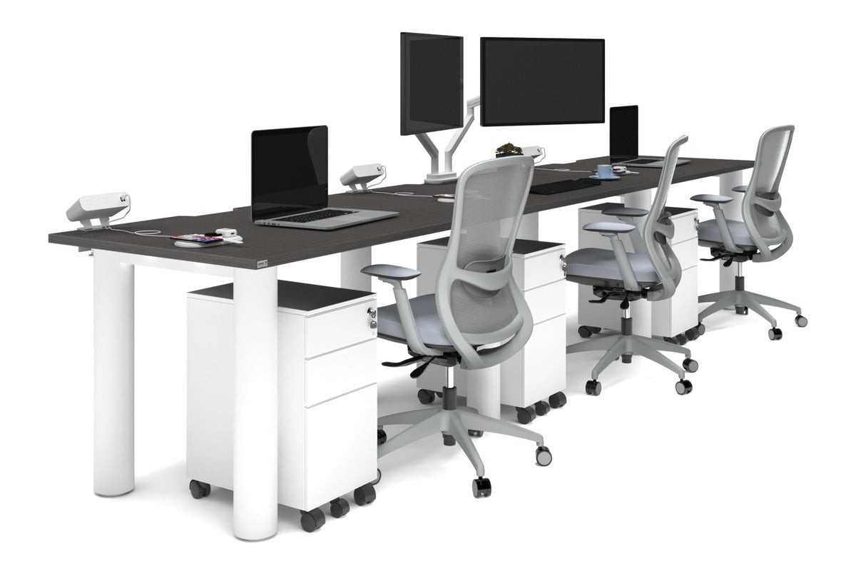 Quadro Cylinder Leg 3-Person Office Workstation Desk - 1400L x 800W with Cable Management - Modern Office Furniture for Collaborative Workspaces & Home Offices