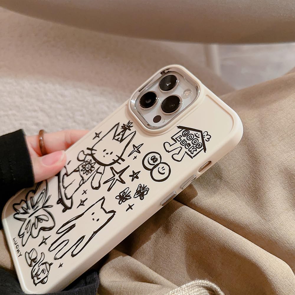 Cute Cat Butterfly Star Lucky Line Drawing Soft Phone Case for iPhone 13 Pro Max - Slim Protective Cover with Artistic Design, Durable TPU Material (White) | Perfect for Everyday Use, Gift Giving & Fashion Accessories