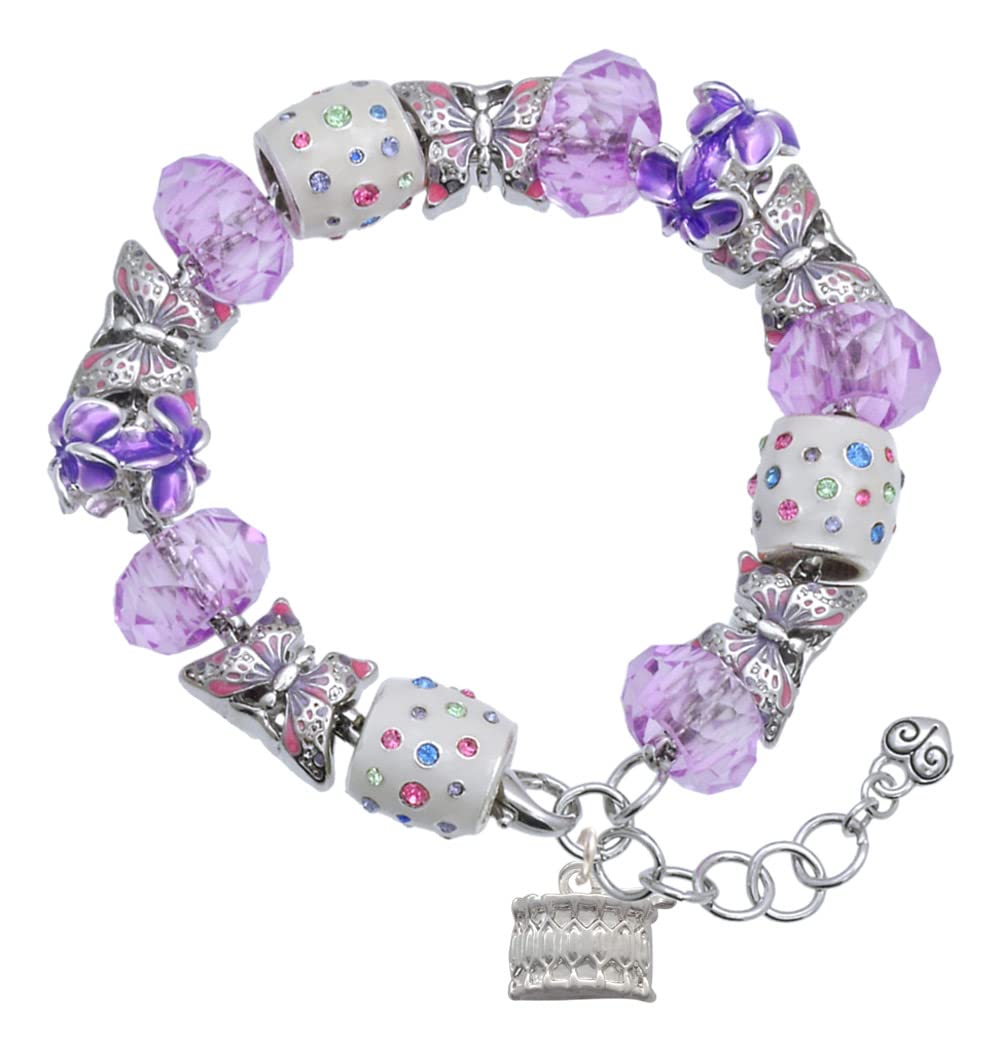 Delight Jewelry Silvertone Drum Purple Butterfly Bead Charm Bracelet - Adjustable 7