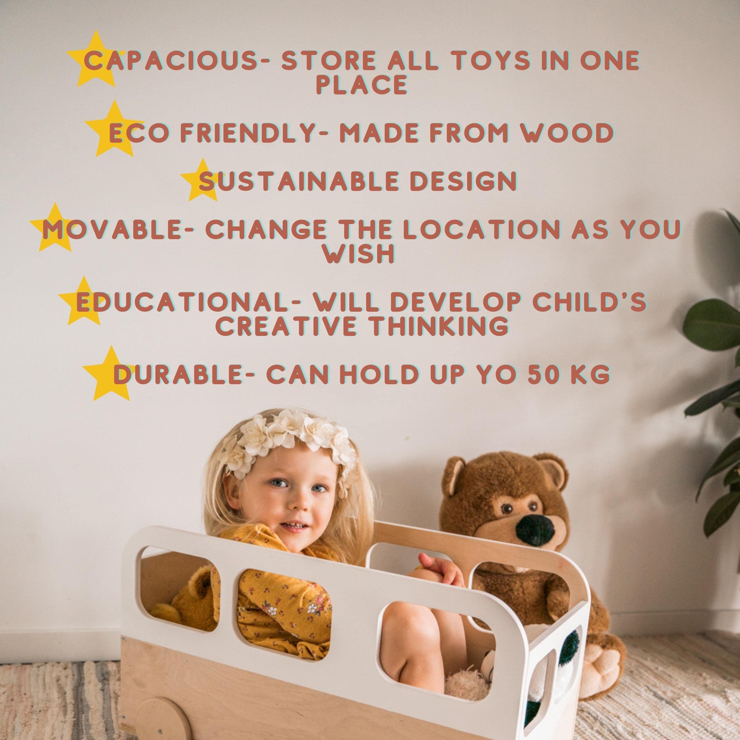 EWART WOODS Wooden Toy Box with Wheels - Kids Toy Storage Organizer, Nursery Bookshelf & Baby Room Bookcase - Perfect for Playroom, Bedroom, or Classroom Organization
