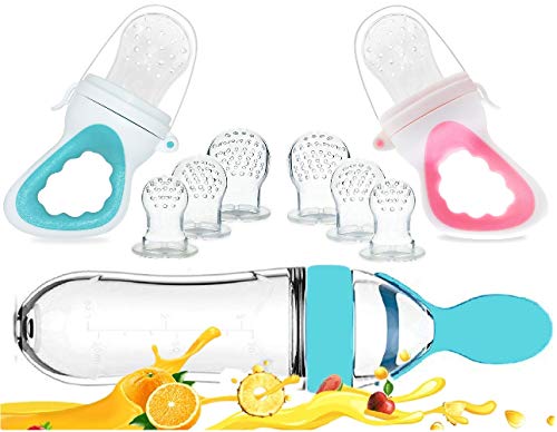 **Baby Food Feeder - 2 Pack Fresh Fruit Pacifier with 6 Silicone Nipples | 1 Pack Baby Food Dispensing Spoon (Blue & Pink) - Perfect for Teething, Weaning & On-the-Go Feeding**