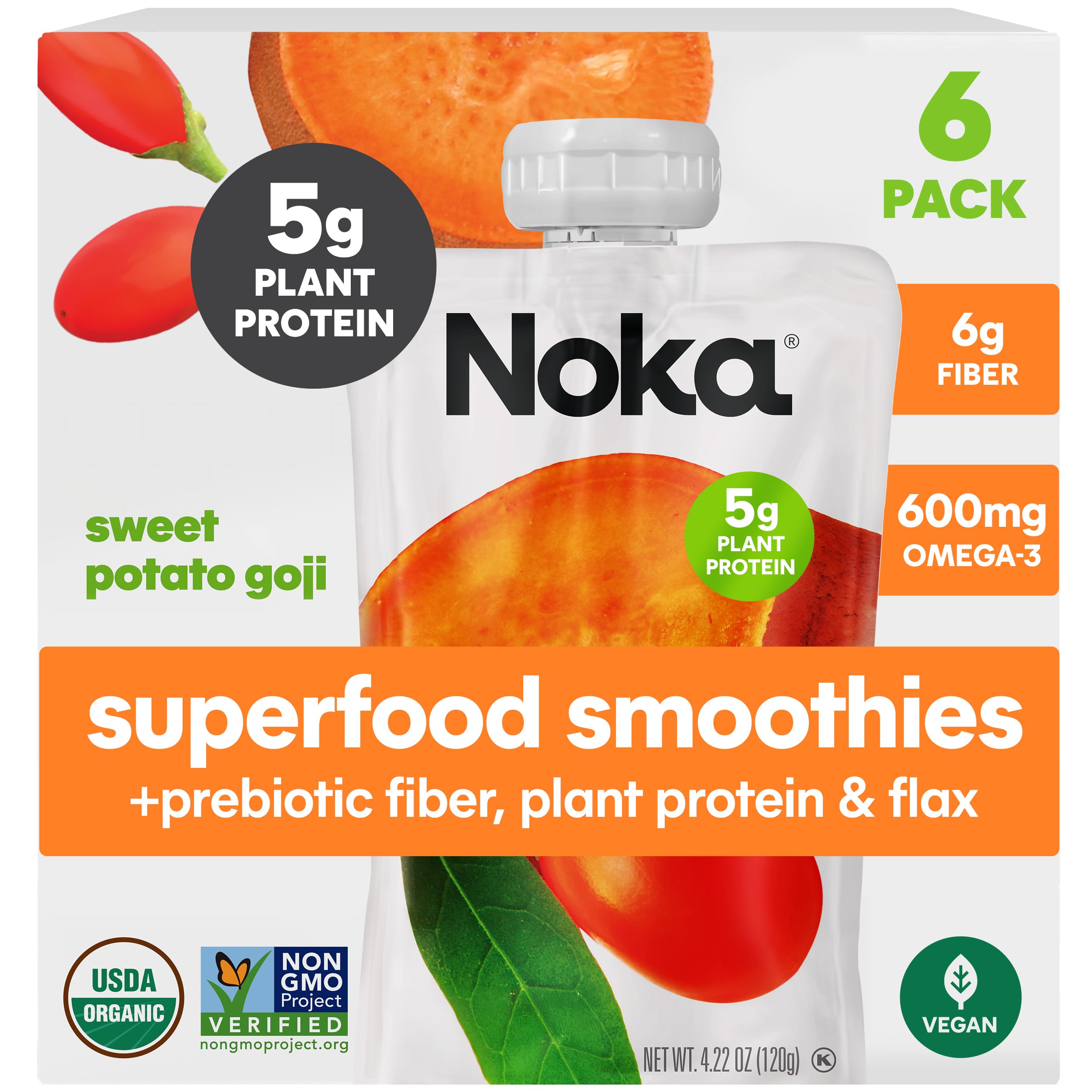 Organic Noka Superfood Fruit Smoothie Pouches - Sweet Potato Goji with Flax Seed, Plant Protein & Prebiotic Fiber | Vegan, Gluten-Free Healthy Snacks | 4.22 oz (6 Count) | Perfect for On-the-Go Nutrition, Kids Lunchboxes & Post-Workout Recovery