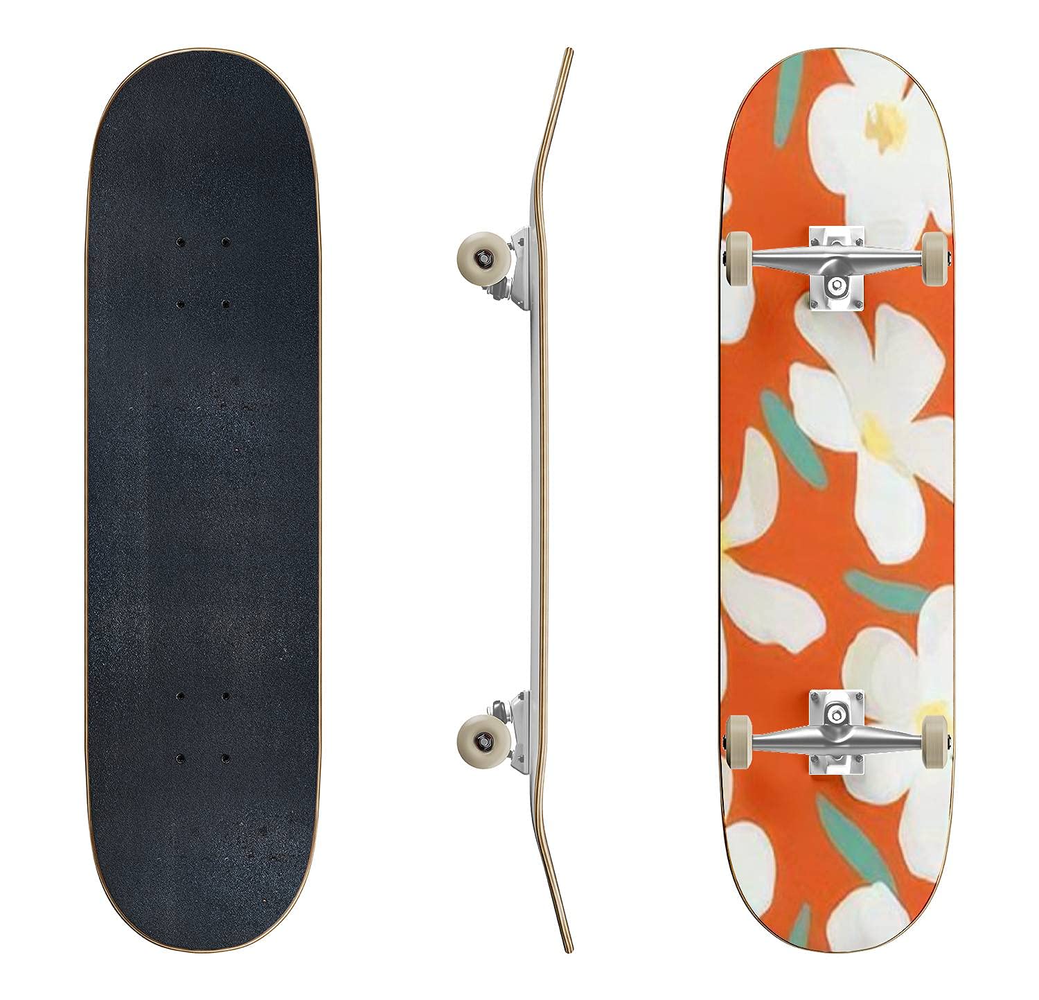 Pastel Retro Vintage Skateboard with Hand-Drawn Plumeria Flowers - Tropical Aesthetic Concave Longboard for Beginners & Professionals | Perfect for Extreme Sports, Teen Gifts & Beach Cruising