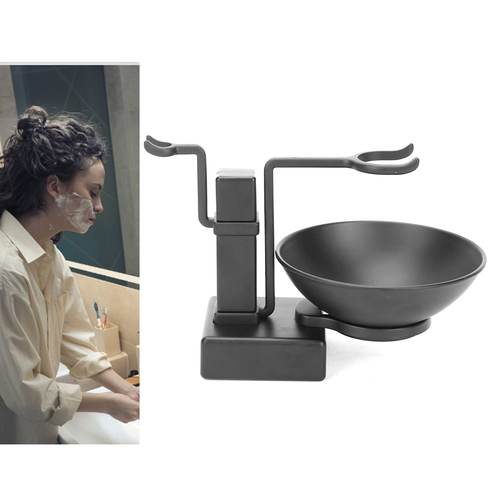 Professional Stainless Steel Shaving Stand with Brush Holder & Soap Bowl - Black Men's Grooming Kit for Wet Shaving at Home or Travel