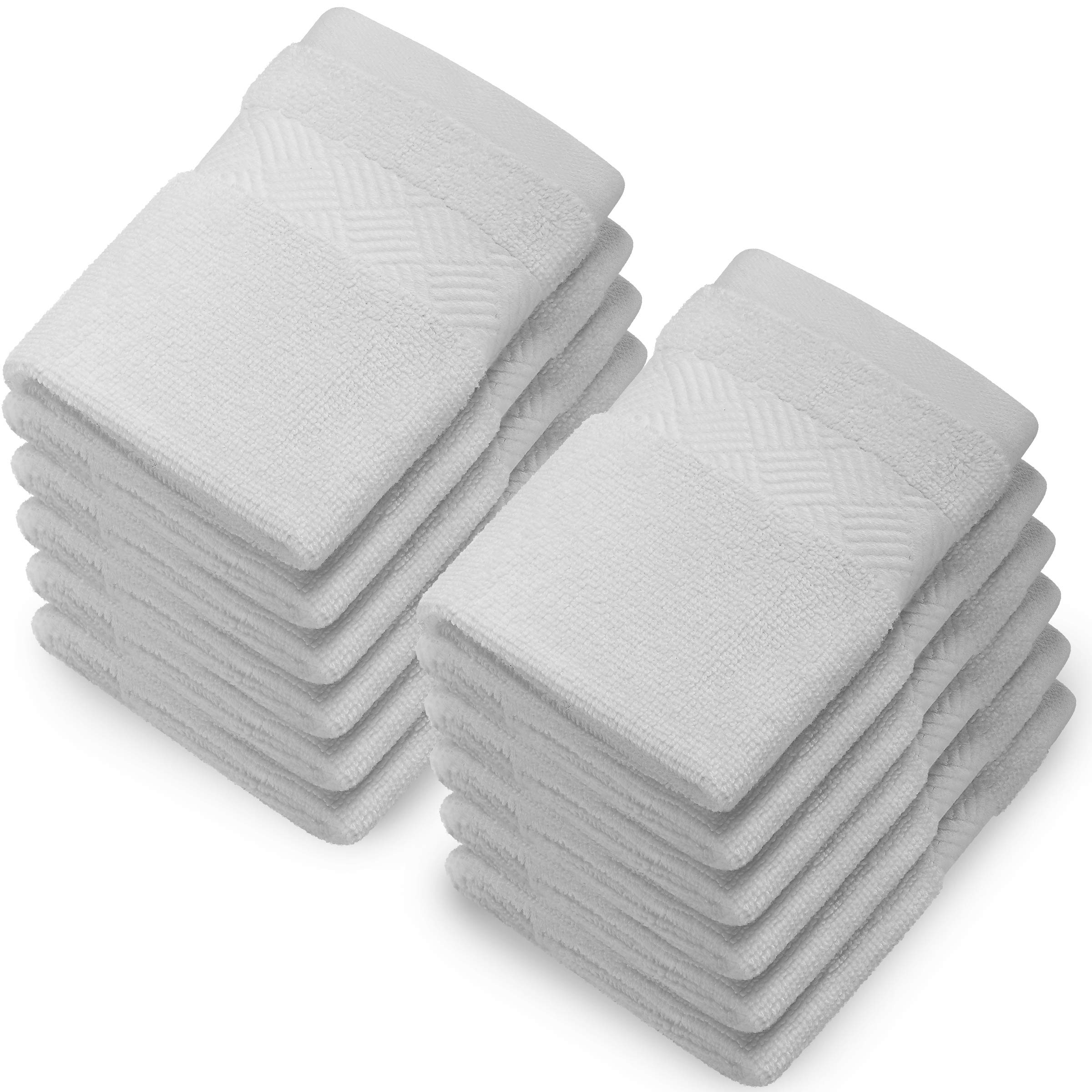 Premium 12-Pack Alibi Washcloth Set | Soft & Absorbent 13x13 Inch Luxury Cotton Face & Body Towels | Thick Plush Bath Towels with Decorative Stripe & Woven Border | Machine Washable for Home, Hotel & Spa Use | Ideal for Skincare, Baby Bath & Gym Essentials | White