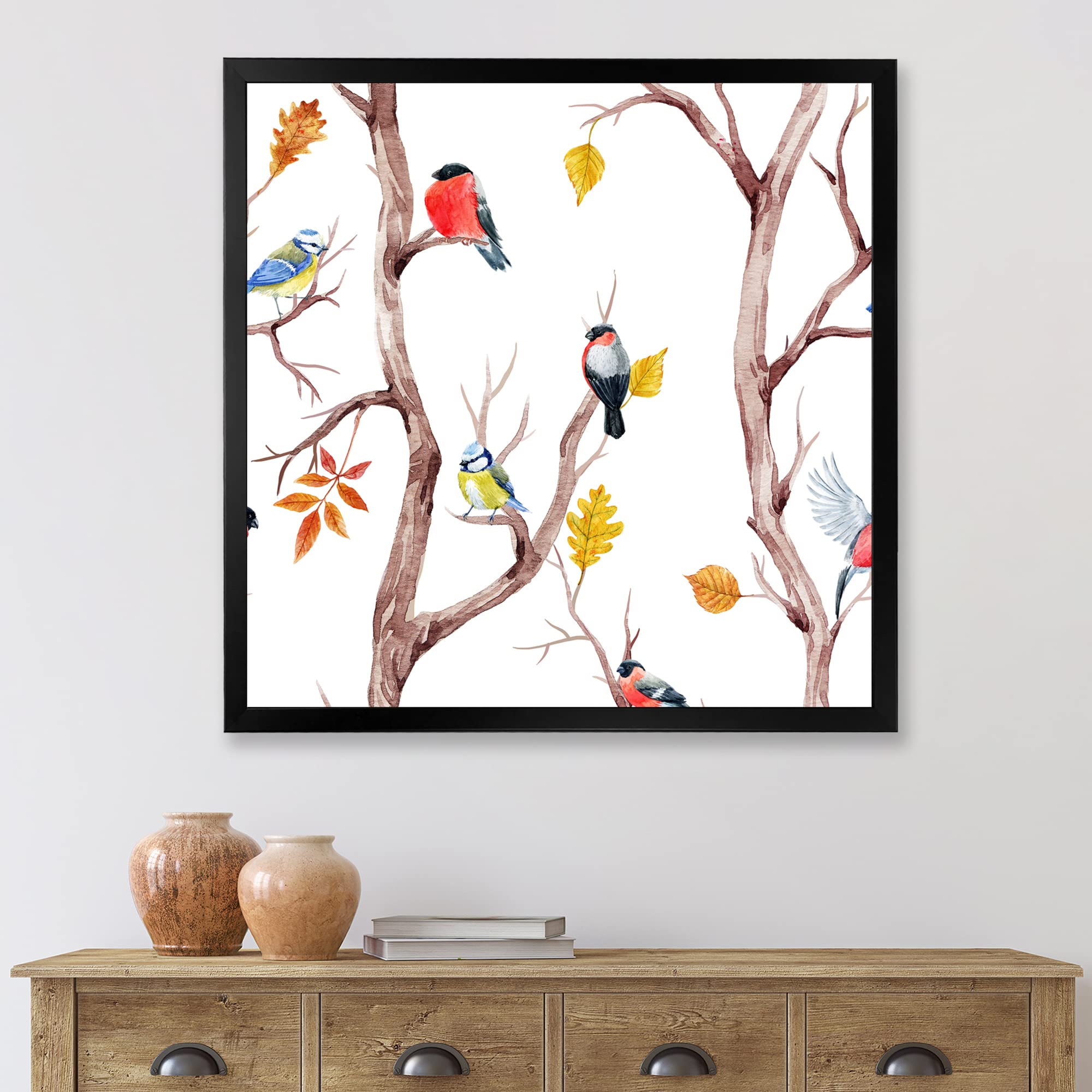DesignQ Fall Trees and Little Birds Traditional Framed Wall Art - Autumn Landscape Painting for Home Decor, Living Room, Bedroom & Office