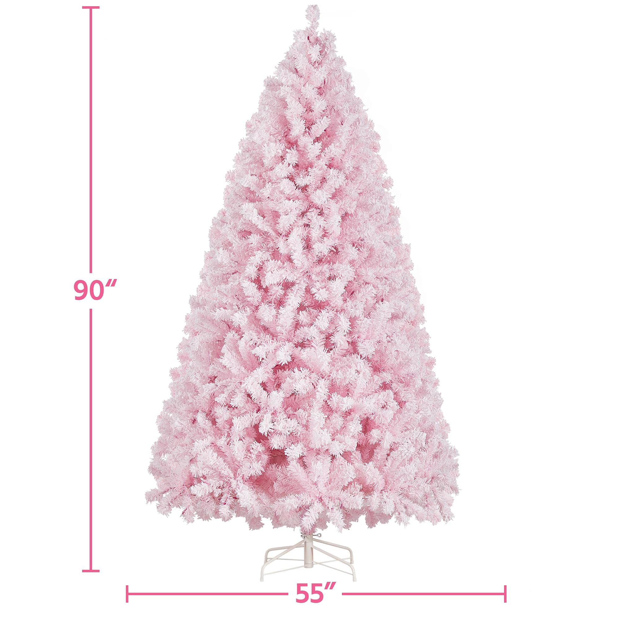 Yaheetech 7.5ft Pre-lit Artificial Christmas Tree with 550 Warm White Incandescent Lights - Snow Flocked Full Prelit Xmas Tree with 1284 Branch Tips & Foldable Stand (Pink) - Perfect for Living Room, Office, and Holiday Decorations