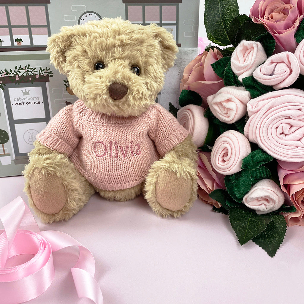 Luxury Rose Baby Clothes Bouquet with Personalized Teddy Bear Gift Set - Pink Baby Shower, Christening, Birthday Present for Newborn Girls