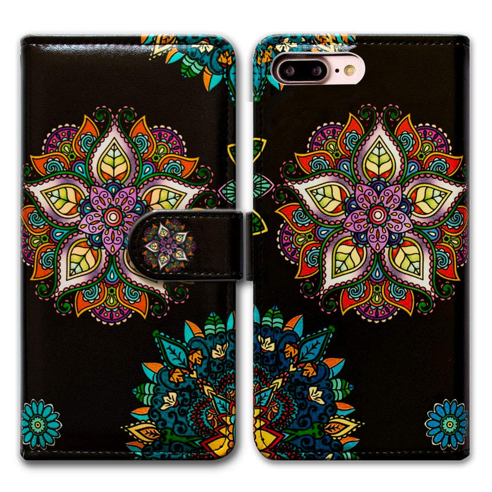 Bcov Premium Leather Flip Wallet Case for iPhone 7 Plus/8 Plus - Mandala Flower Design with Card Slots & Kickstand | Protective Phone Cover for Women & Men | Perfect for Travel, Work & Daily Use