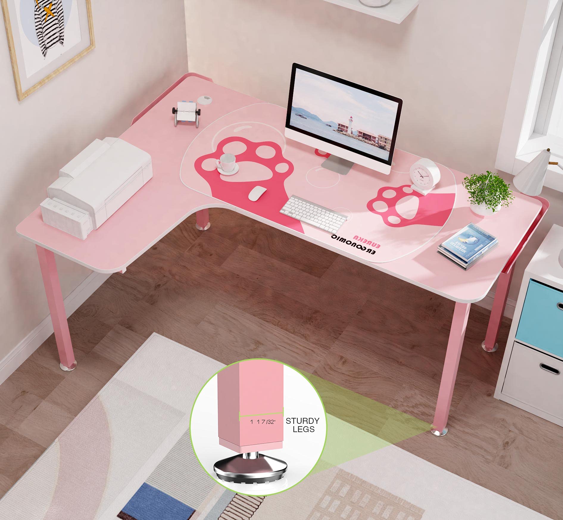 Pink L-Shaped Gaming Desk for Girls - 60 Inch Cute Pink Computer Desk with Full Covered Desk Mat, Easy Assembly, Left Side Design - Perfect for Gaming, Streaming & Home Office Setup