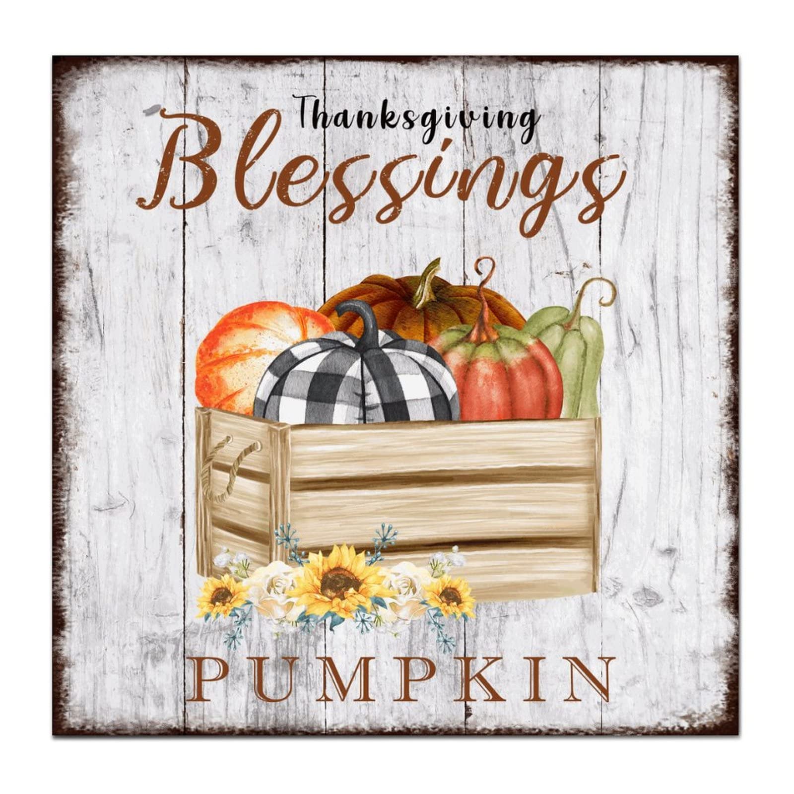 BESTORLOVE Thanksgiving Wooden Sign - 6x6 Inch Pumpkin Harvest Wall Decor with Inspirational Quotes - Rustic Home Entryway, Front Door & Porch Hanging Plaque for Fall Season Decorations