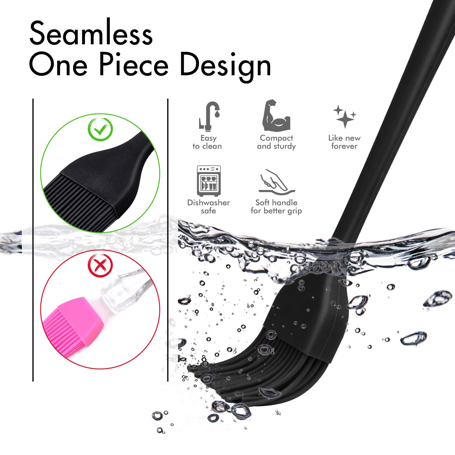 HOTEC Silicone Basting Brushes - Heat Resistant Pastry Brush for Oil, Butter, Sauce & Marinades - BPA Free & Dishwasher Safe - Perfect for BBQ Grilling, Baking, Cooking & Kitchen Use (Black, 2-Pack)