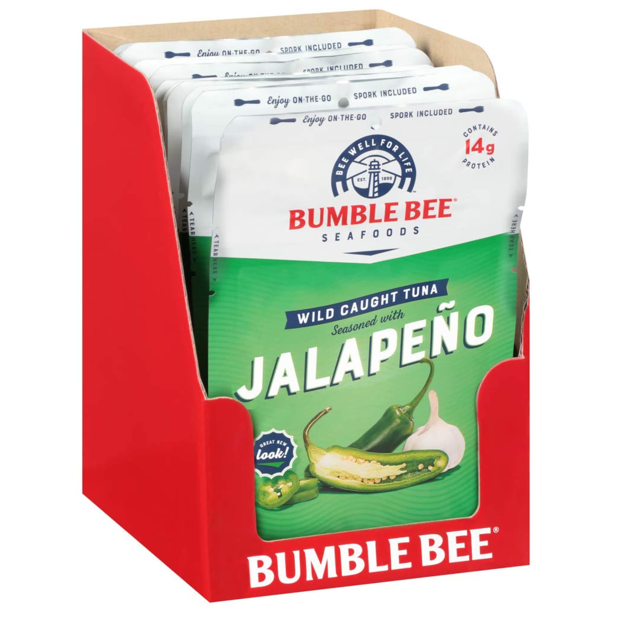 Bumble Bee Jalapeño Seasoned Tuna, 2.5 Oz Pouches (Pack of 12) - Wild Caught, Ready to Eat Tuna with Spork - High Protein (14g per Serving), Gluten Free - Perfect for Camping, Hiking & On-the-Go Meals