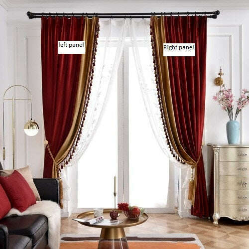Luxury Velvet Curtains - Red & Beige Spliced Design for Living Room & Bedroom - Blackout Drapes with Thermal Insulation - Premium Home Decor for Windows