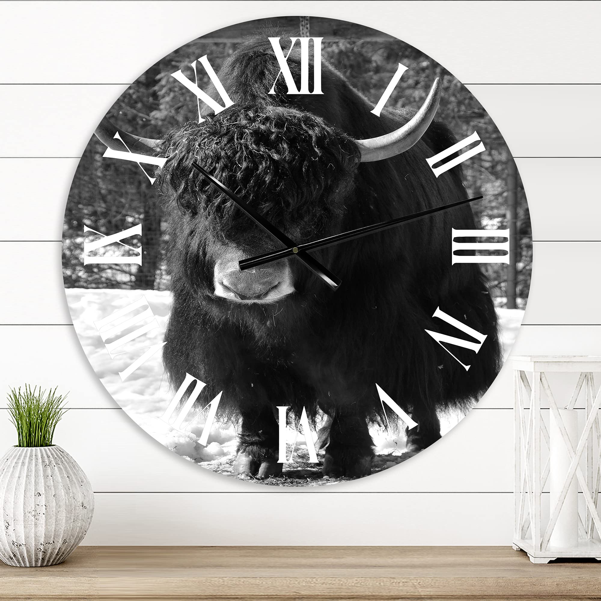 DesignQ Farmhouse Wall Clock - Large Winter Forest Wild Bull Portrait for Living Room, Kitchen, Bedroom Decor | Rustic Animal Wall Art for Home & Office