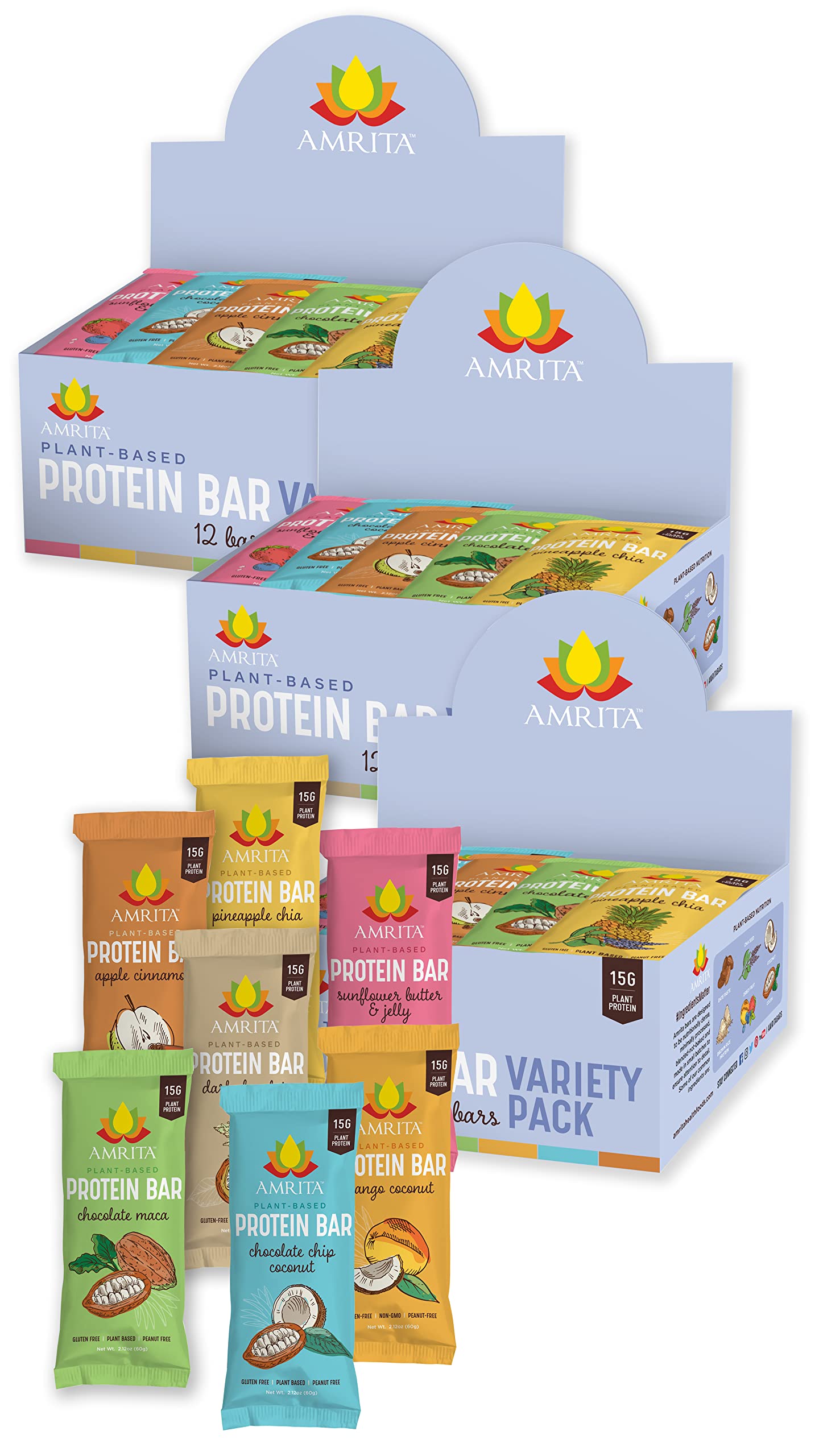 AMRITA Vegan Protein Bars Variety Pack (6 Flavors) - Peanut Free, Dairy Free, Soy Free, Gluten Free | 15g Plant-Based Protein, High Fiber, No Sugar Added | Meal Replacement, Breakfast Snack, Post-Workout Fuel | Perfect for Gym, Office & On-the-Go Nutrition