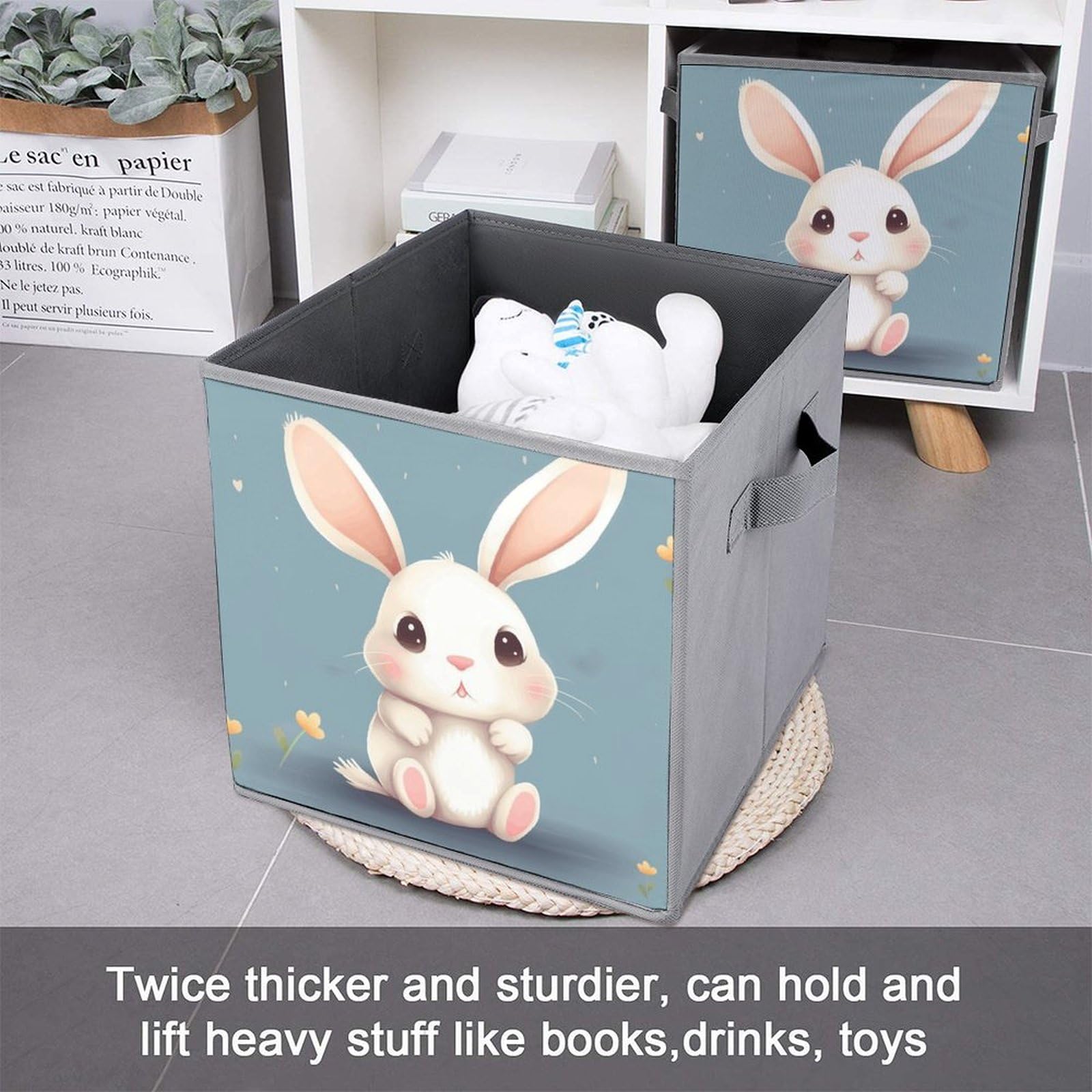 1PCS Foldable Storage Bins - Cute Cartoon Bunny Printed Large Capacity Storage Box with Handle - Home Office Playroom Organization for Toys, Books & Clothes (Multipurpose Storage Solution)