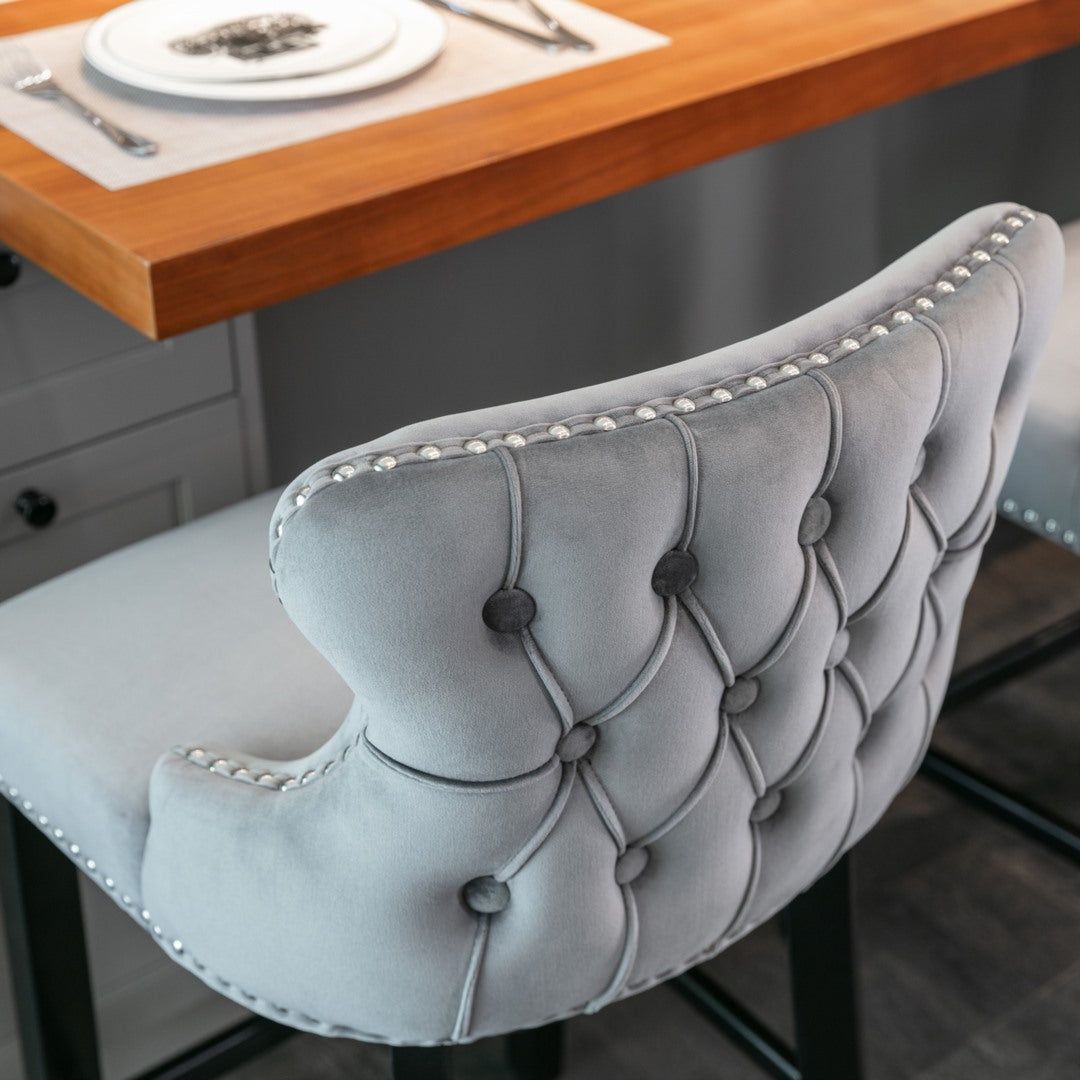 Velvet Upholstered Button Tufted Bar Stools with Wood Legs - Set of 4 Grey Barstools for Kitchen Island, Breakfast Nook & Home Bar Decor