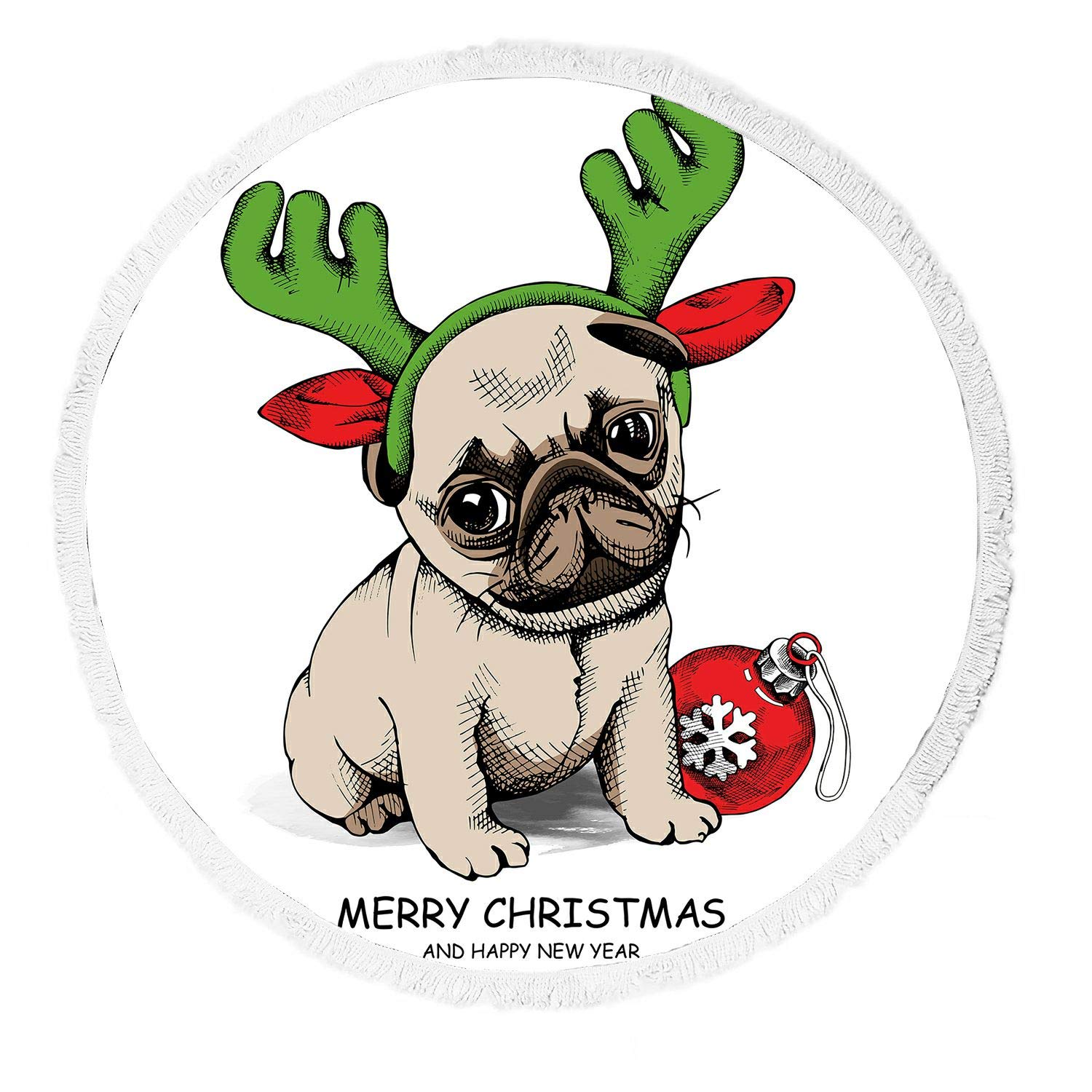 ABPHQTO Pug Christmas Dog Toy Ball & Soft Tassel Beach Towel - Multipurpose Blanket for Yoga, Picnic, Beach, Travel & Home Decor