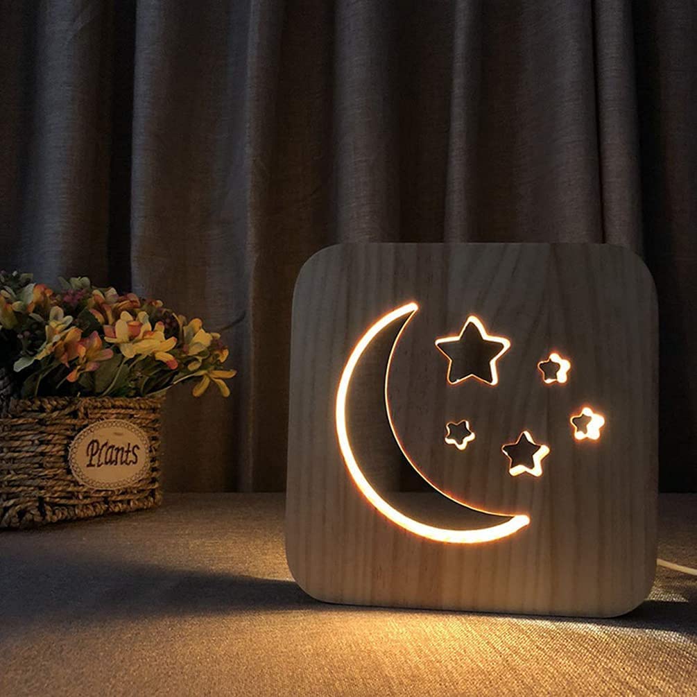 DTYHSM 3D Moon & Stars Wooden LED Desk Lamp - USB Powered Warm White Night Light for Bedroom, Study, Kids Room - Cartoon Nightlight for Home Decor & Reading