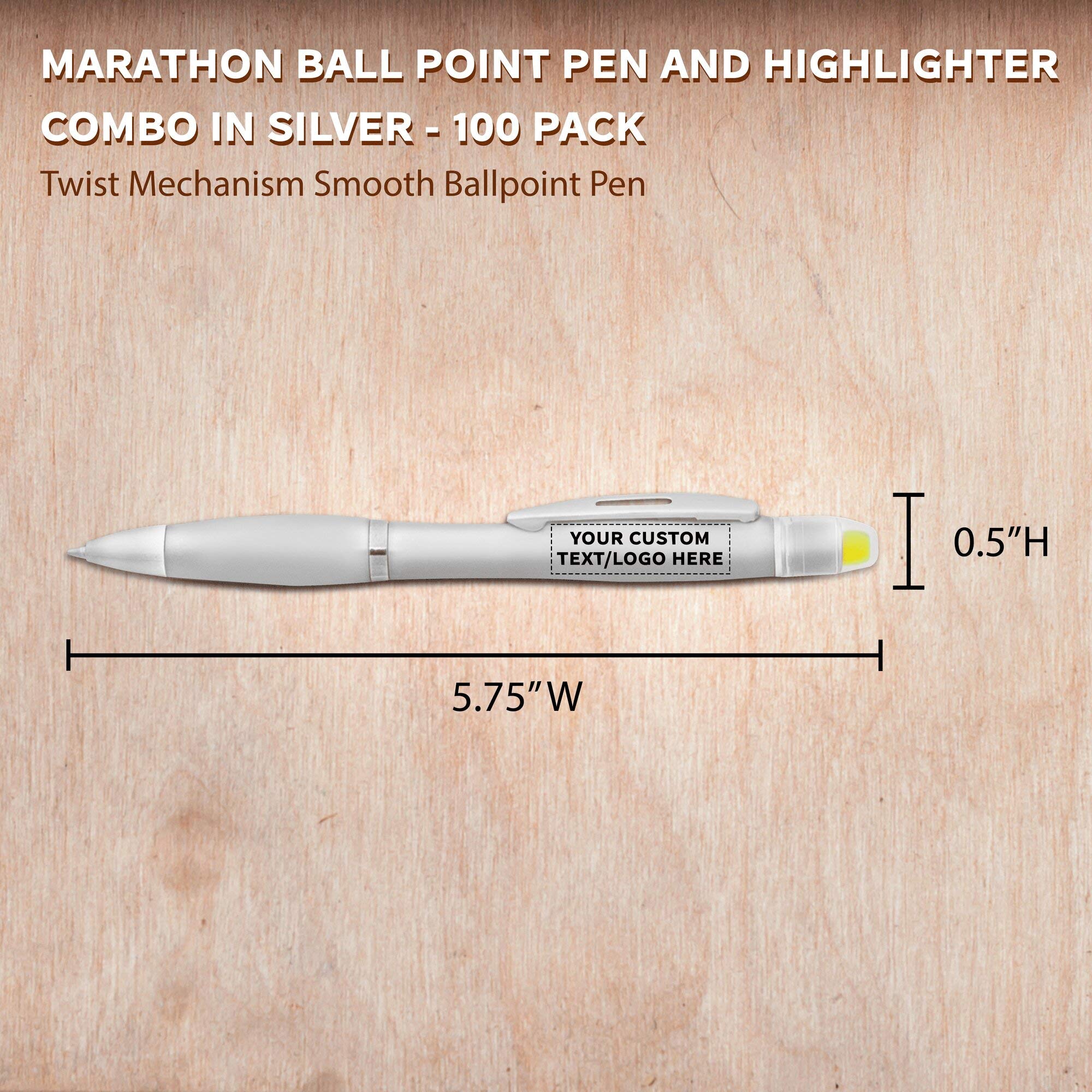 100 Pack Marathon Gel Highlighter Pens - Customizable Text & Logo - Twist Mechanism Ballpoint Pens - Silver - Perfect for Office, School, Study & Note Taking