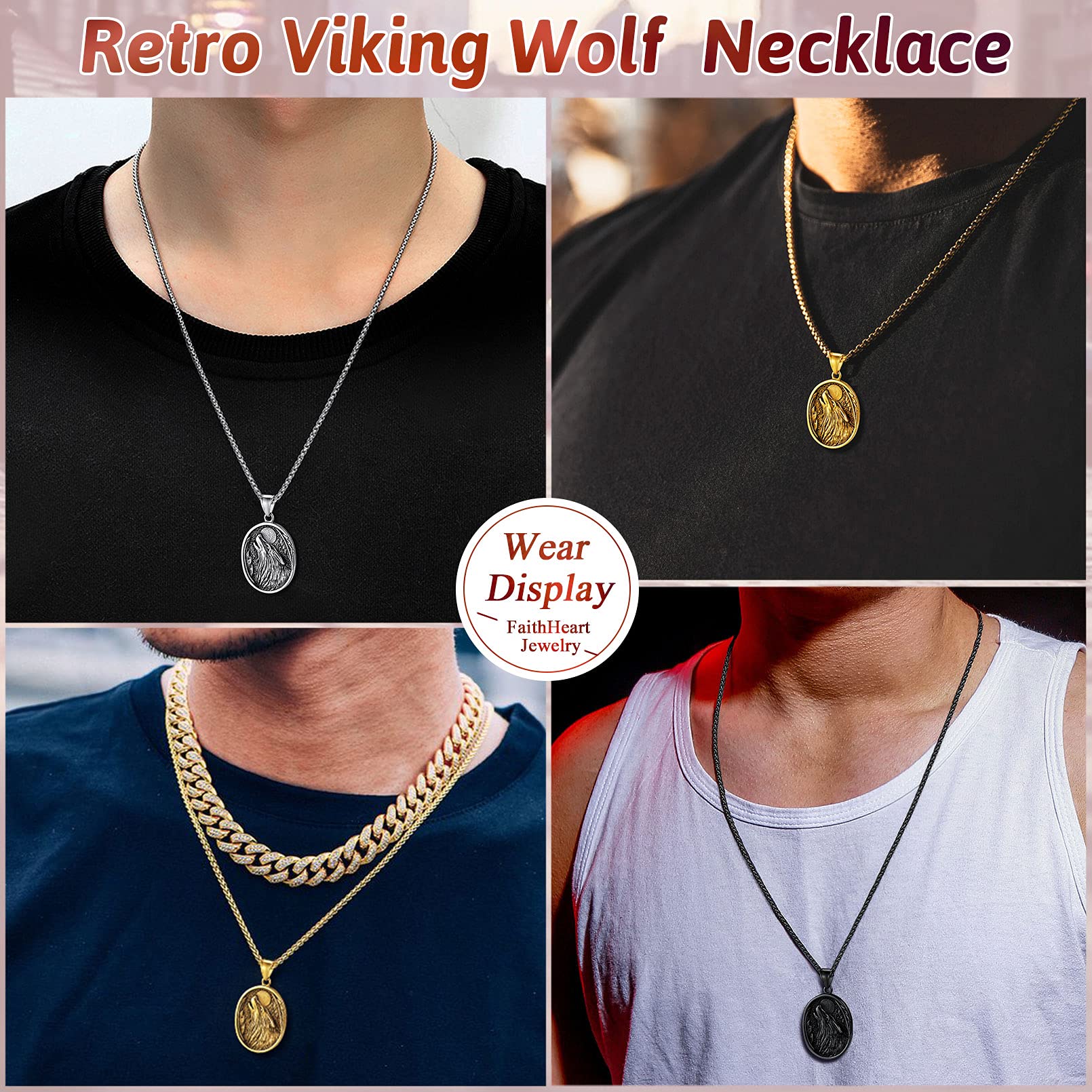 FaithHeart Norse Viking Wolf Pendant Necklace for Men & Women - Stainless Steel/18K Gold Plated Nordic Jewelry with Gift Box - Perfect for Viking Lovers, Cosplay & Medieval Reenactment