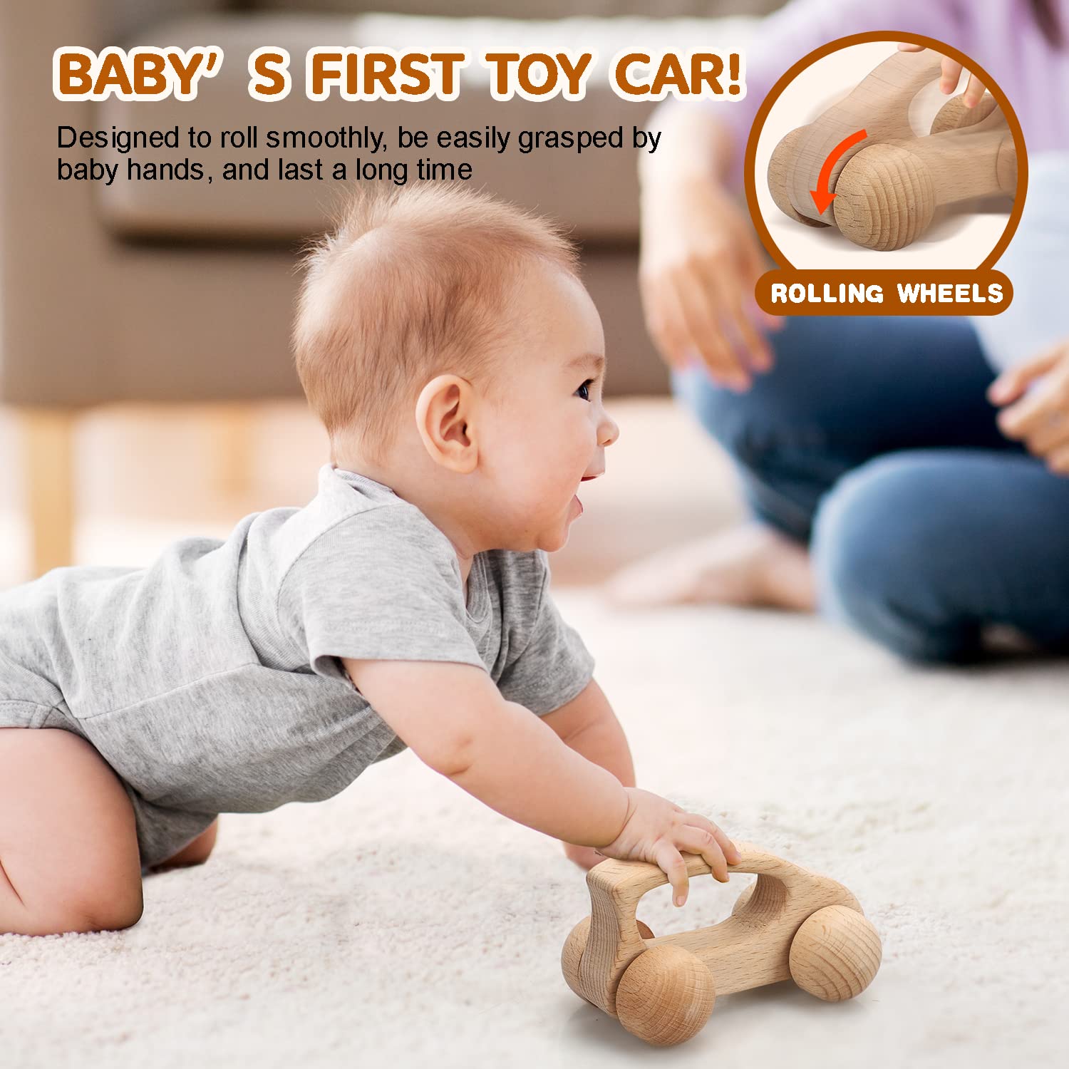 Montessori Wooden Toy Cars for Babies 0-12 Months - Safe Rattle Toys for Toddlers 1-3 Years | Natural Wood Baby Boy Gift for Birthday, Christmas & Nursery Decor | Educational Early Learning & Sensory Play Toys