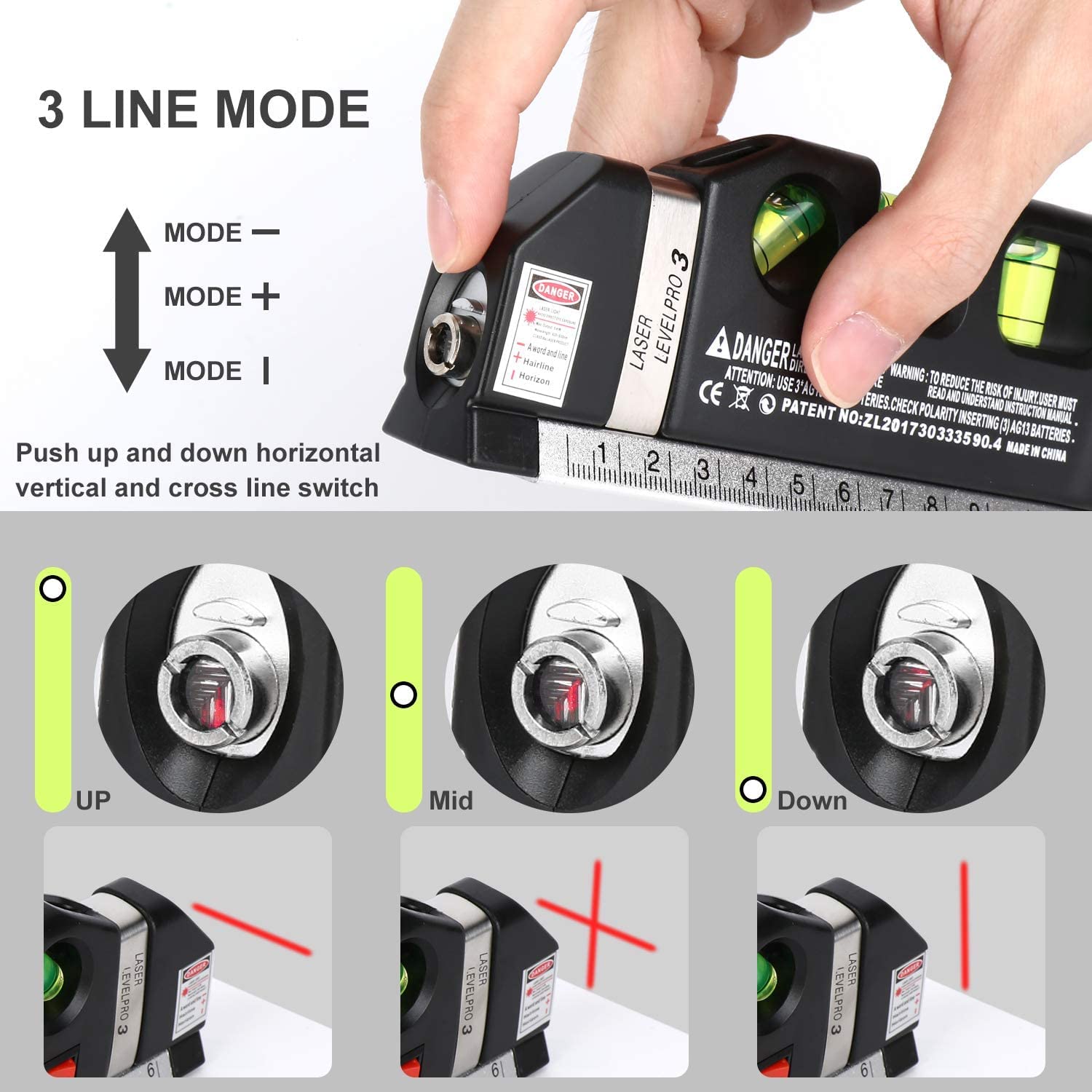 MORE BUY Self-Leveling Laser Level Tool - 360° Horizontal & Vertical Alignment with Bubble Vials, Measuring Tape & Ruler - Perfect for Construction, DIY Projects, Picture Hanging & Home Renovation (Black)
