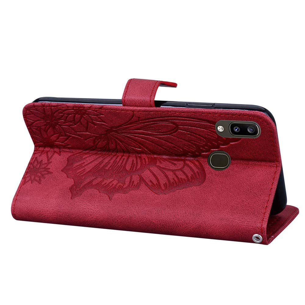 Samsung Galaxy A10E Leather Wallet Case with Card Holder & Magnetic Kickstand - Shockproof Flip Cover with Butterfly Embossing (Retro Red) - Perfect for Daily Use, Travel, and Hands-Free Viewing