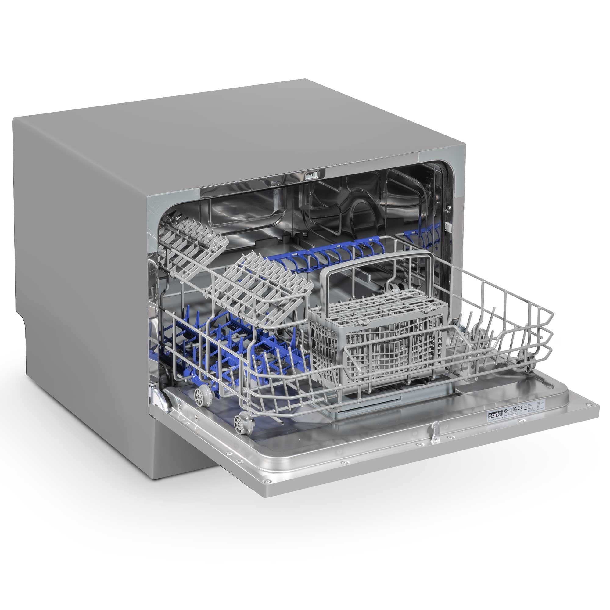 Baridi Compact Tabletop Dishwasher - 6 Place Settings, 6 Wash Programs, Ultra Quiet (42dB), 6.5L Capacity in Sleek Silver (Model DH84) | Perfect for Small Kitchens, Apartments, Dorms & RVs