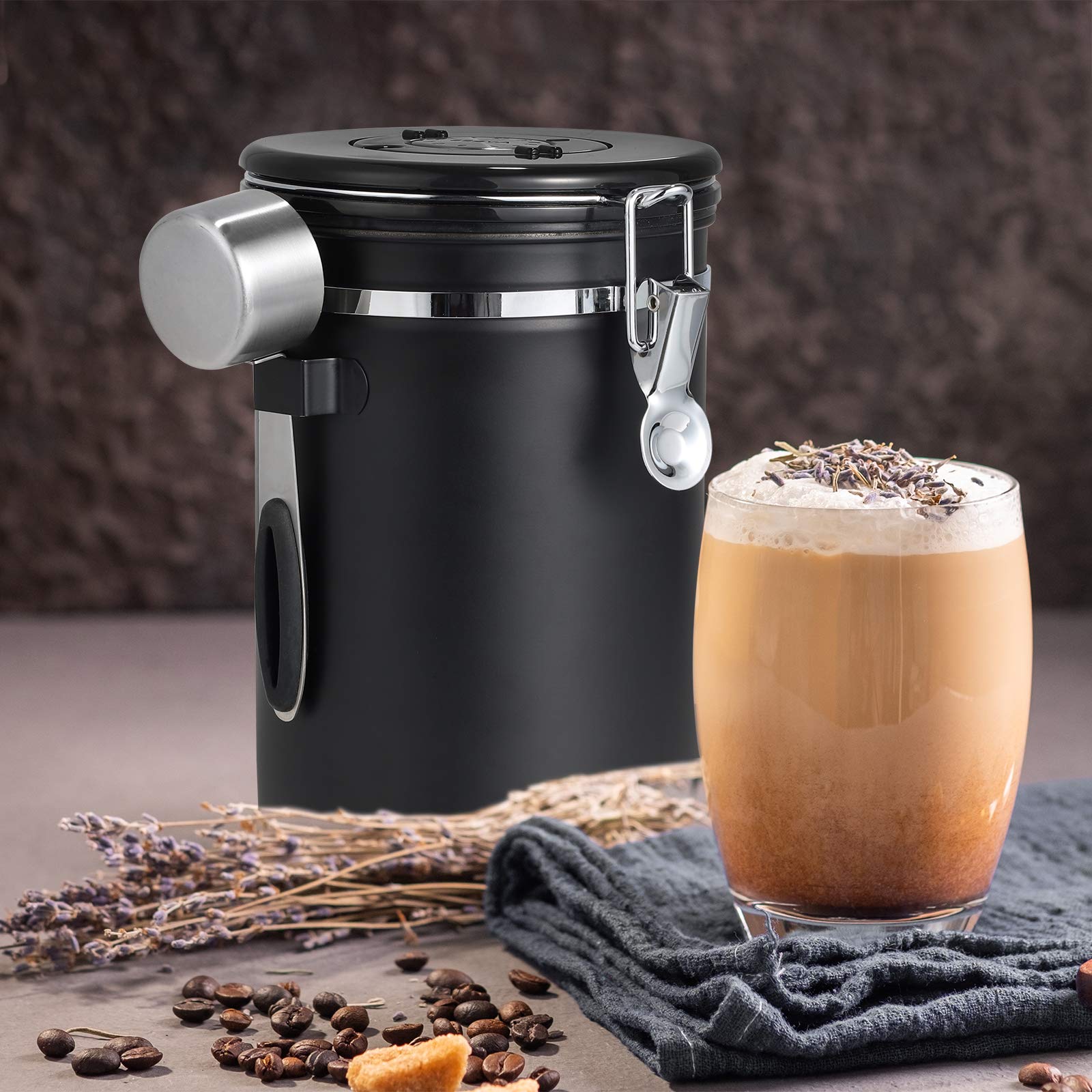 Stainless Steel Airtight Coffee Canister with Date Tracker & Scoop - 22 oz Black Coffee Storage Container for Grounds & Beans - Perfect for Kitchen, Pantry & Office Use