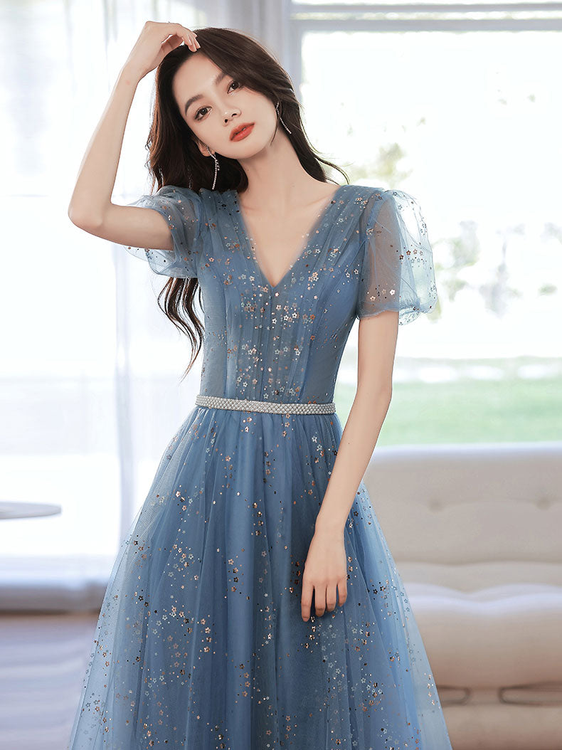 Elegant Blue V-Neck Tulle Tea Length Prom Dress | Formal Evening Gown for Women | Perfect for Homecoming, Prom Night & Special Occasions