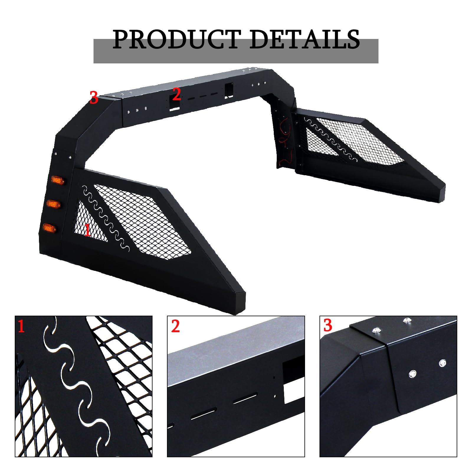 Universal Adjustable Truck Bed Chase Rack Roll Bar with 6 Amber LED Side Marker Lights - Heavy Duty Pickup Truck Accessory for Off-Road Safety & Utility - Perfect for Work Sites, Camping & Outdoor Adventures