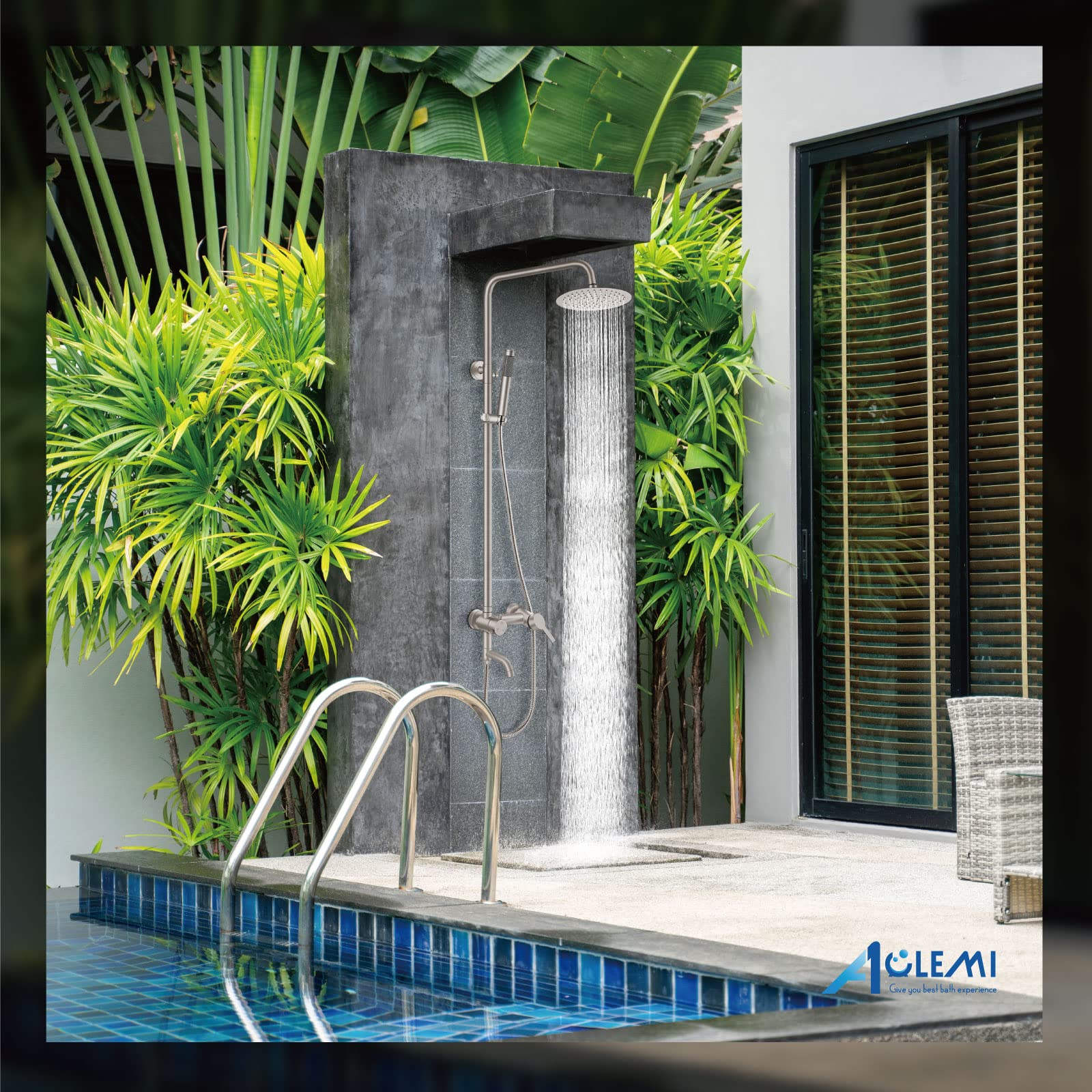 Aolemi 8 Inch Stainless Steel Shower Faucet Set - SUS304 Rainfall Shower Head with Hand Spray, 3 Function Combo, Brushed Nickel Finish - Perfect for Outdoor, Garden, and Patio Use