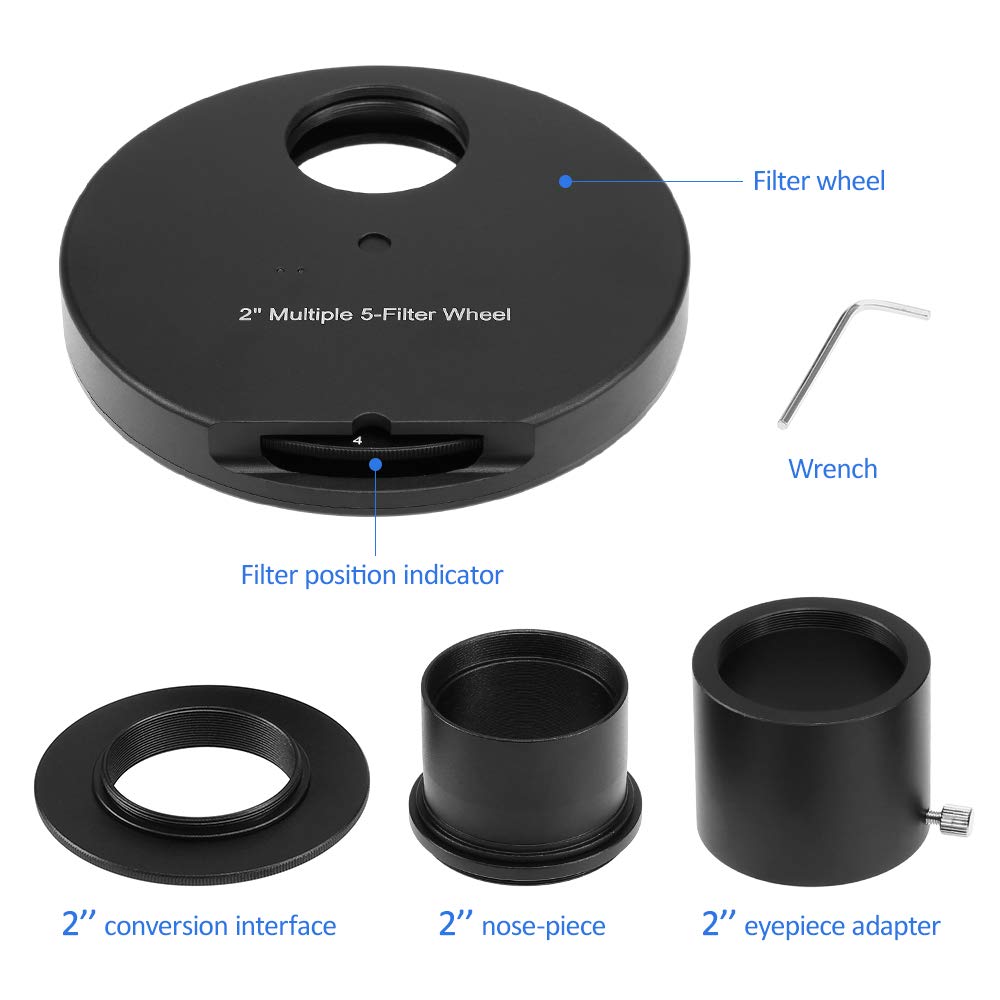 EXCLUZO 1.25INCH / 2INCH 5-Position Eyepiece Filter Wheel for Astronomy Telescopes - Perfect for Deep Sky Observation, Planetary Viewing & Astrophotography