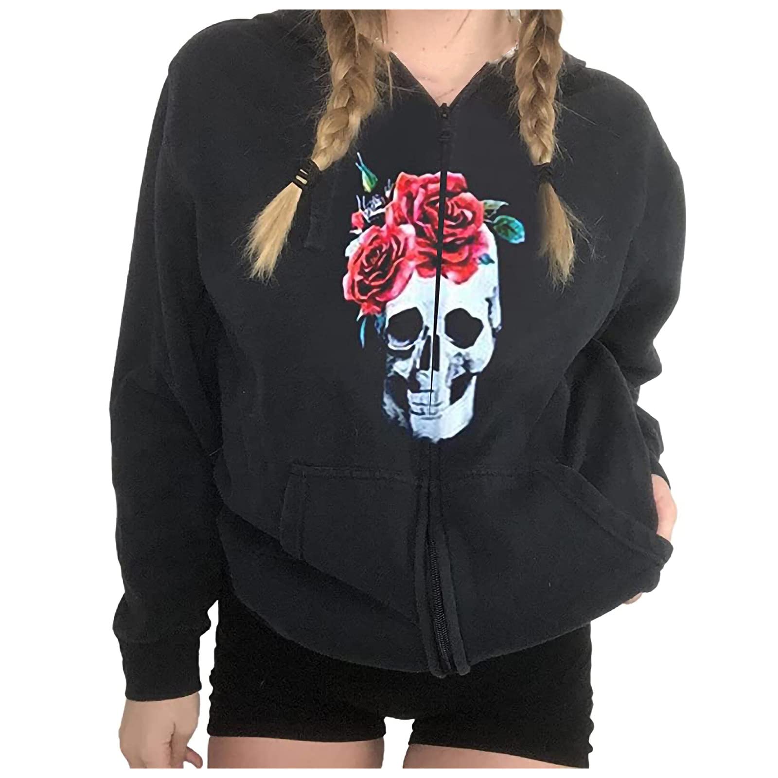 Miximx Women's Plus Size Halloween Zip Up Hoodie - Long Sleeve Boho Style White Zipper Hooded Sweatshirt for Casual Wear & Fall Fashion