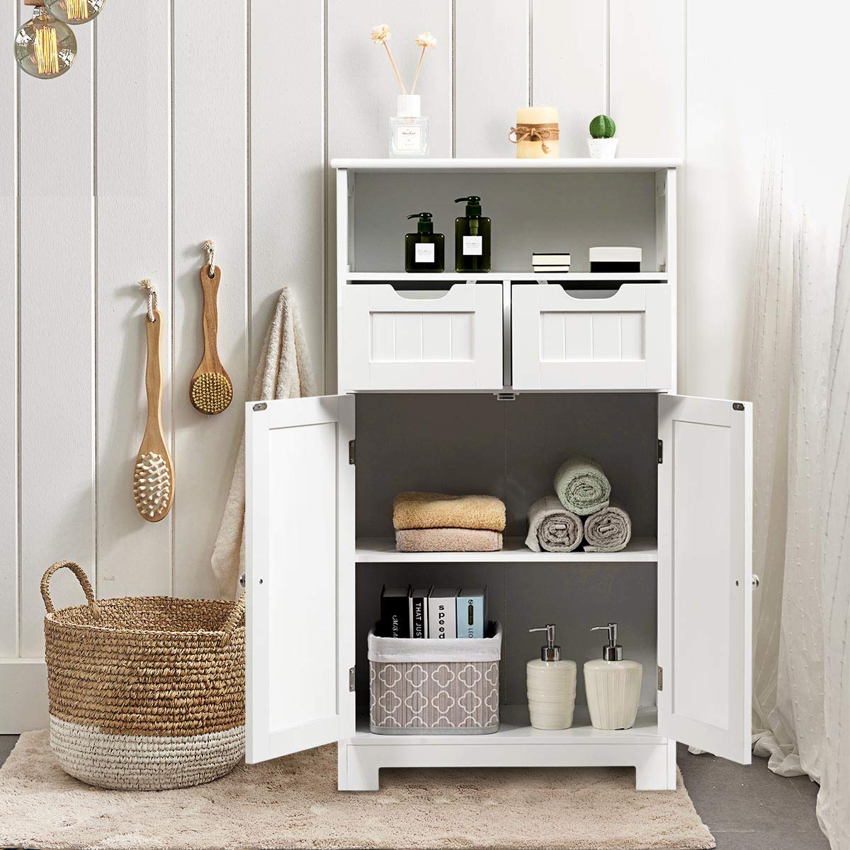 Tangkula White Bathroom Floor Cabinet with Open Shelf, 2 Doors & 2 Adjustable Drawers - Storage Organizer for Bathroom, Kitchen, Living Room & Home Office - Perfect for Towels, Toiletries & Home Decor Organization