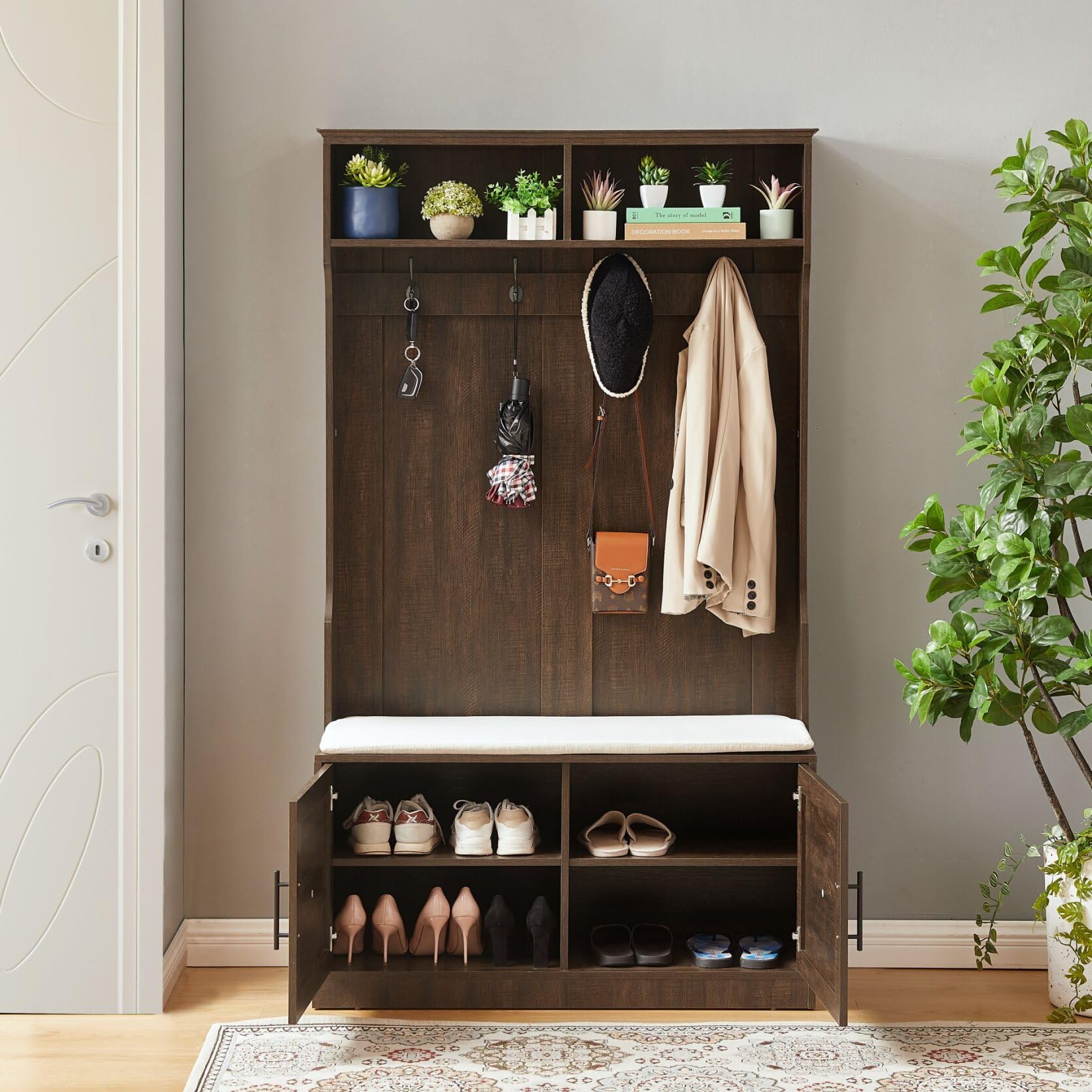 Corner Hall Tree with Bench - Entryway Coat Rack with 4 Hooks, Shoe Storage & Shelf - Space Saving Organizer for Home, Office, Bedroom or Mudroom - Perfect for Small Spaces & Entryway Organization