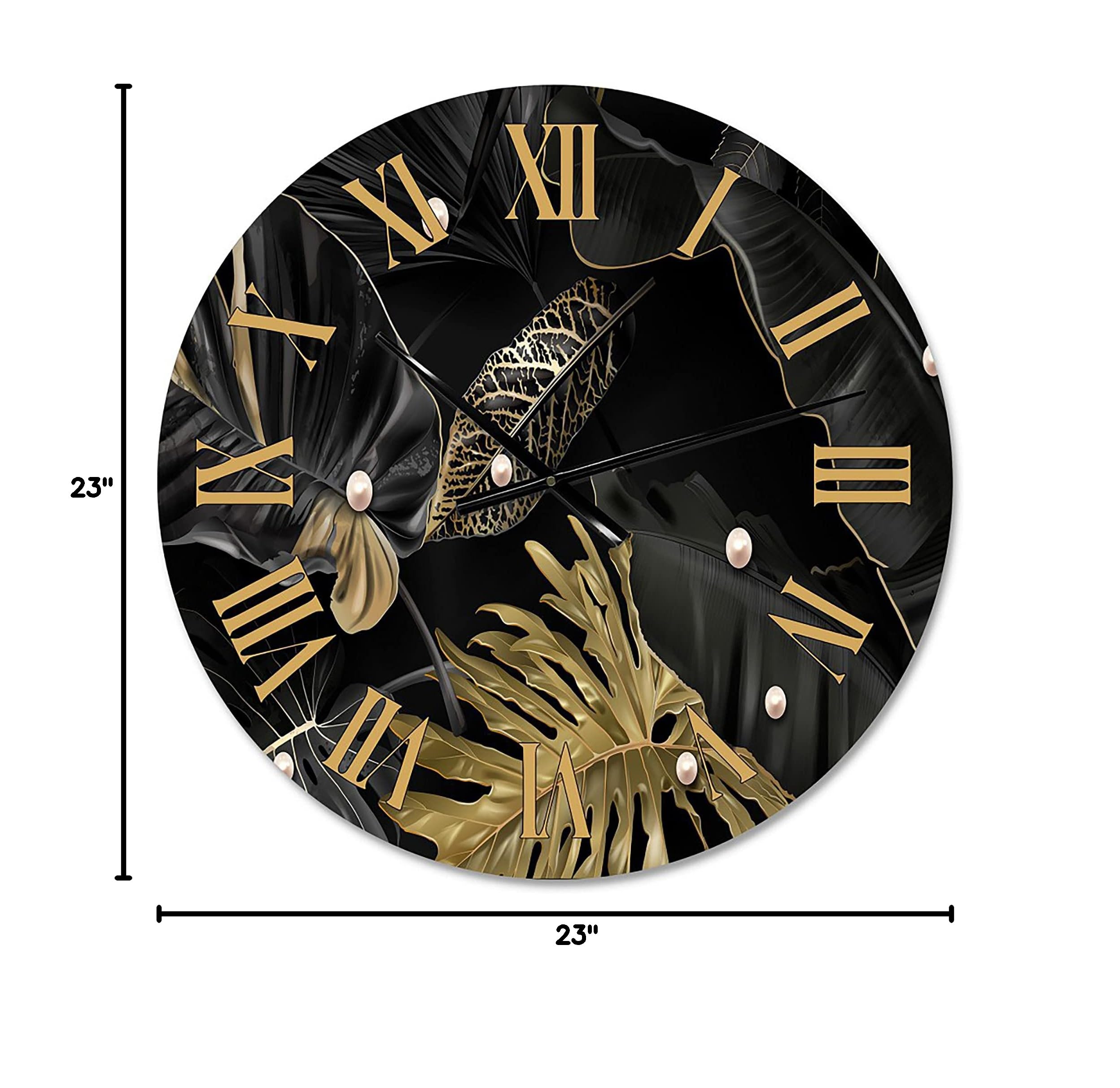 DesignQ Modern Wall Clock - Black & Gold Tropical Leaves III - Large Floral Botanical Wall Clock for Living Room, Bedroom, Office Decor - Perfect for Home, Office & Gift Giving