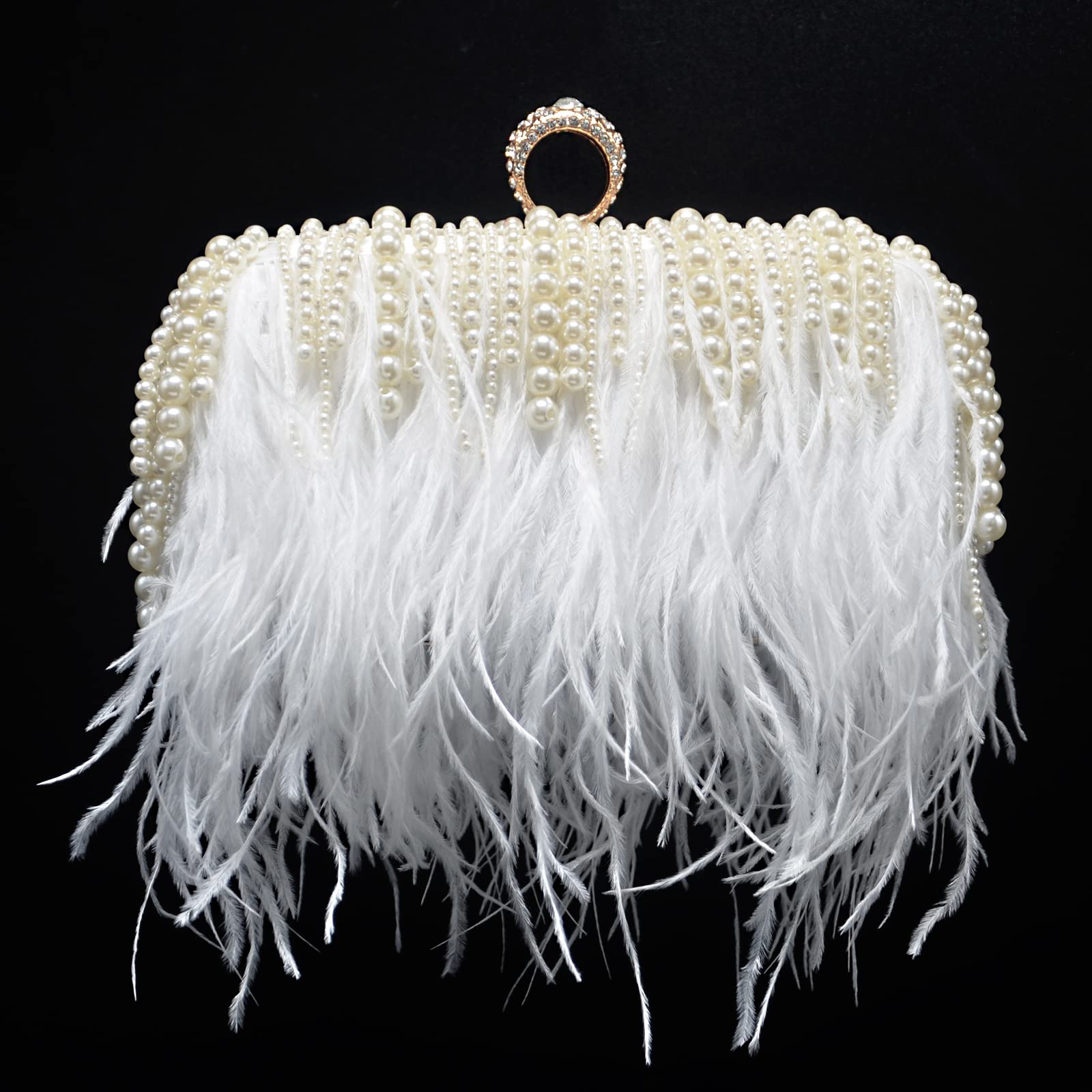 Miuco Women's Ostrich Feather Pearl Clutch Purse - Elegant Wedding Party Evening Bag with Shoulder Strap | Perfect for Prom, Cocktail Parties & Formal Events