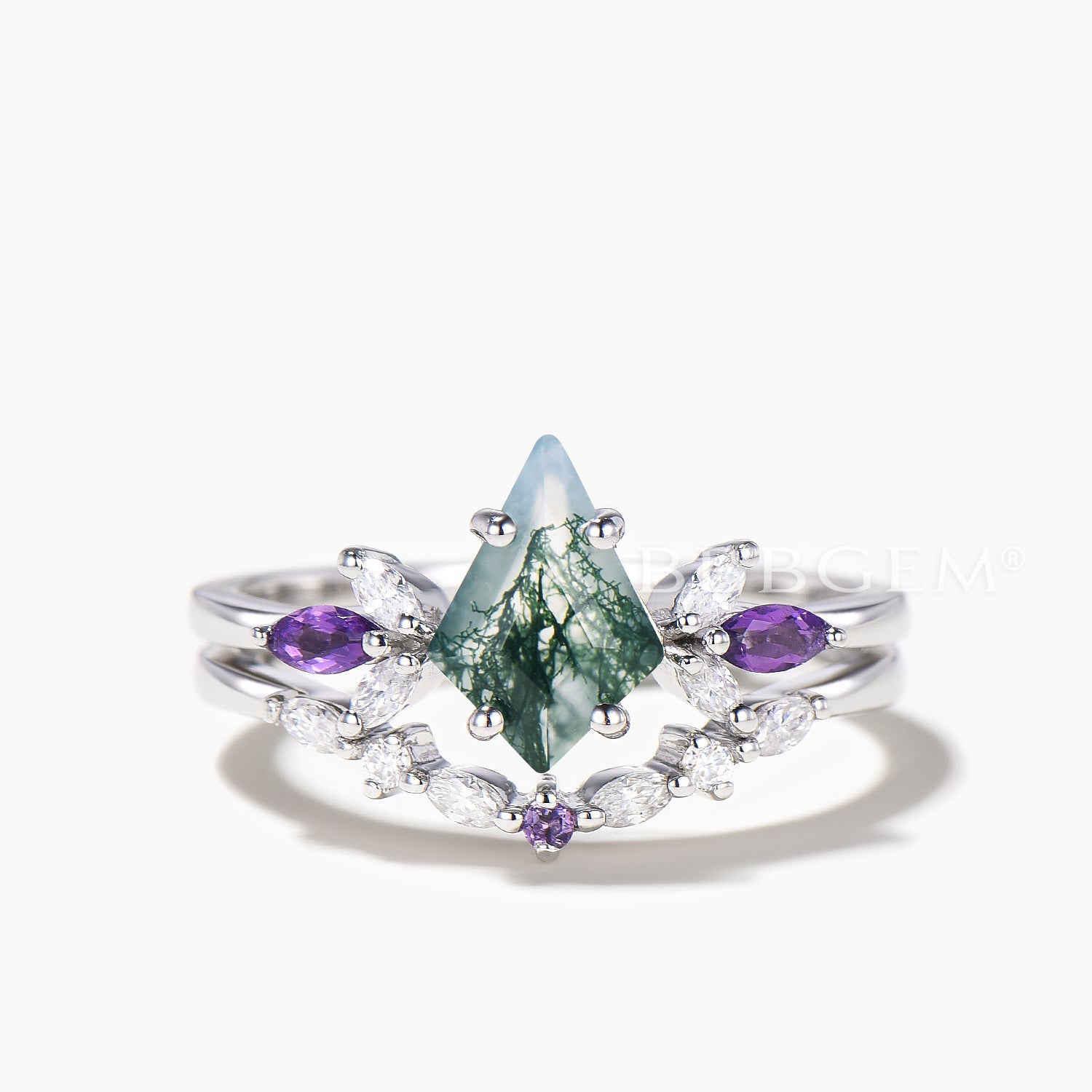 Natural Moss Agate Kite Bridal Ring Set with Moissanite & Amethyst Accents – Vintage-Inspired Wedding Band for Engagement, Anniversary, or Special Occasion Gift