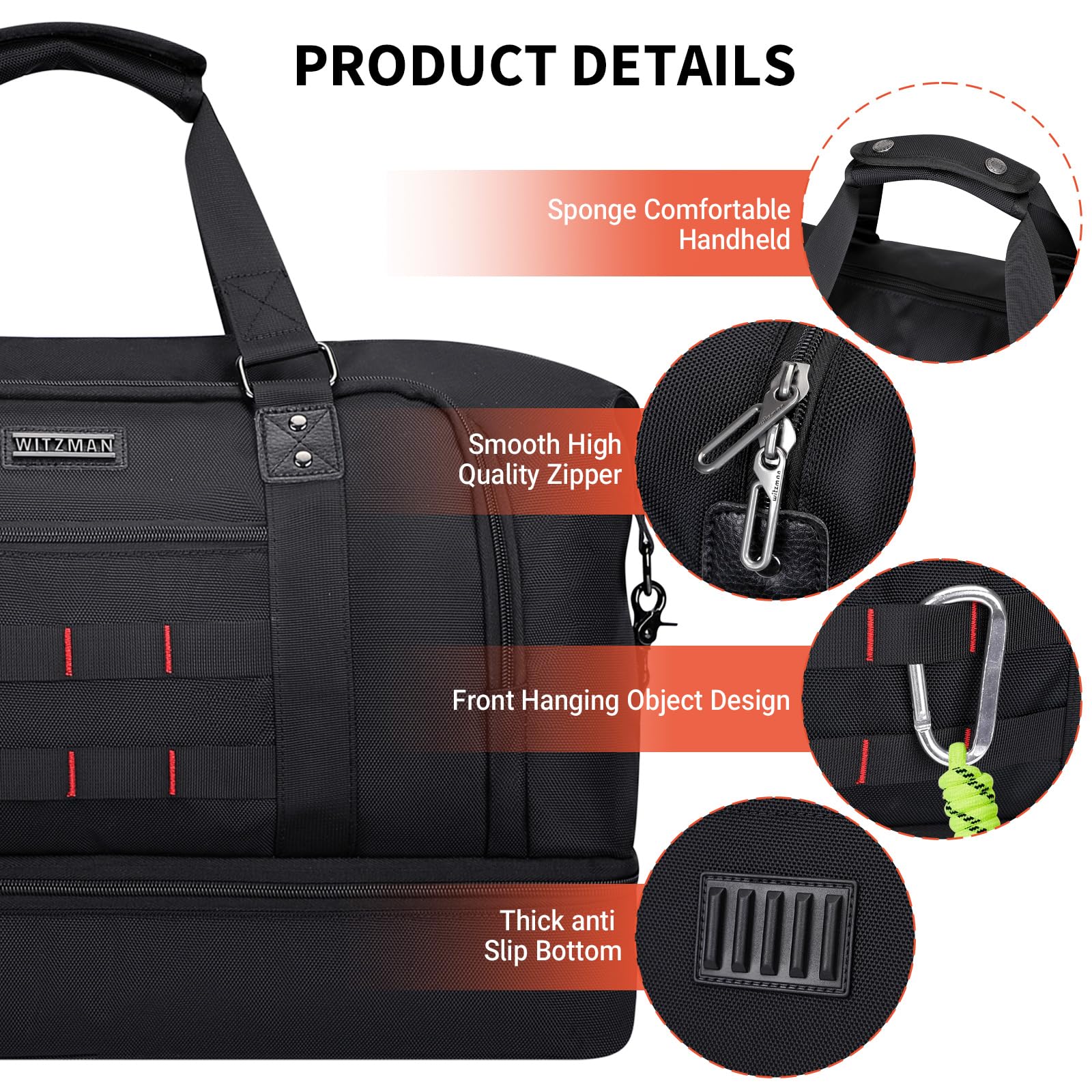 WITZMAN 55L Travel Duffle Bag for Men - Waterproof Weekender Overnight Bag with Toiletry Set, Carry-On Luggage (Black) - Perfect for Gym, Business Trips & Weekend Getaways