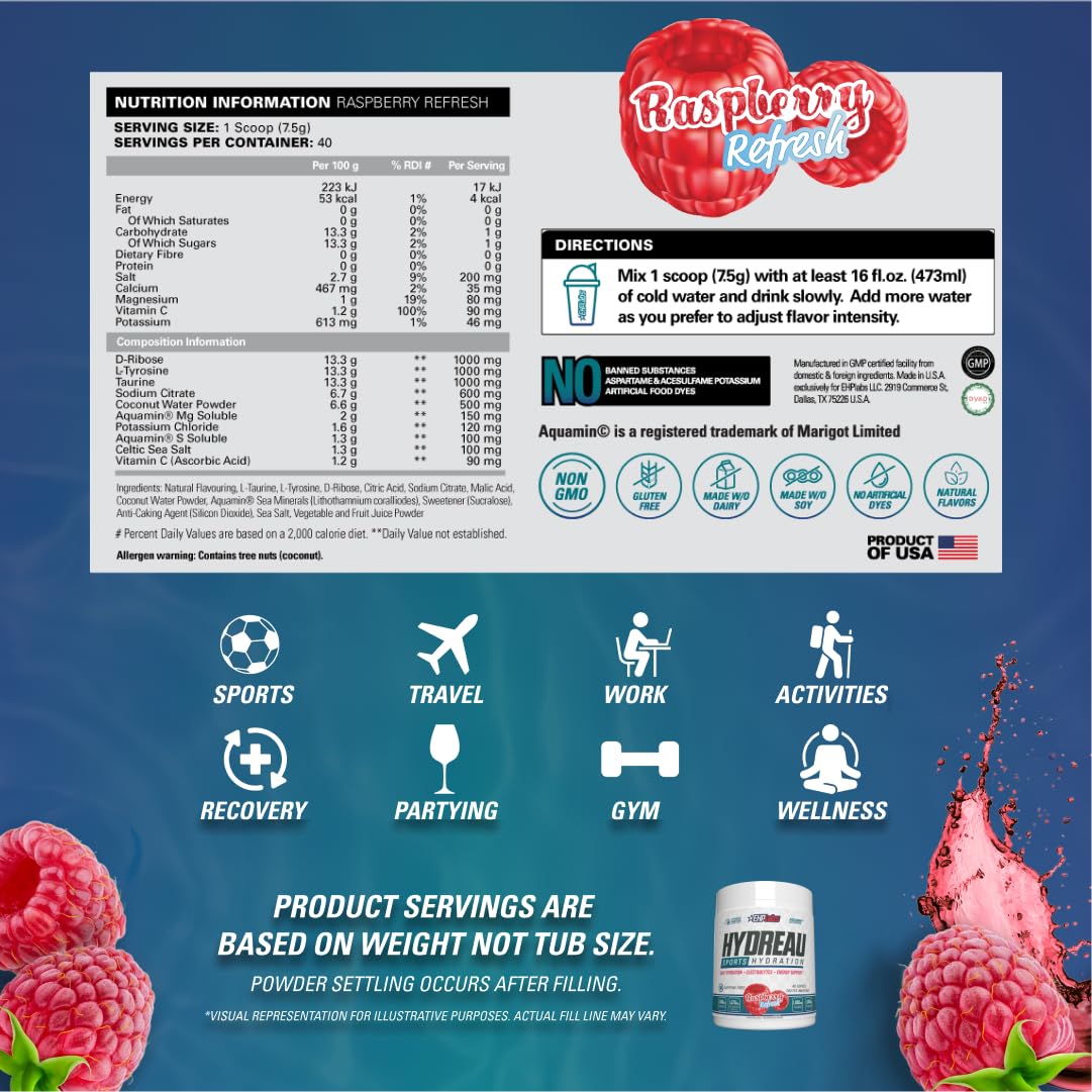 EHP Labs Hydreau Hydration Support Powder - 40 Servings | Electrolyte & Vitamin Supplement for Hydration & Recovery | Perfect for Workouts, Travel & Daily Hydration Needs