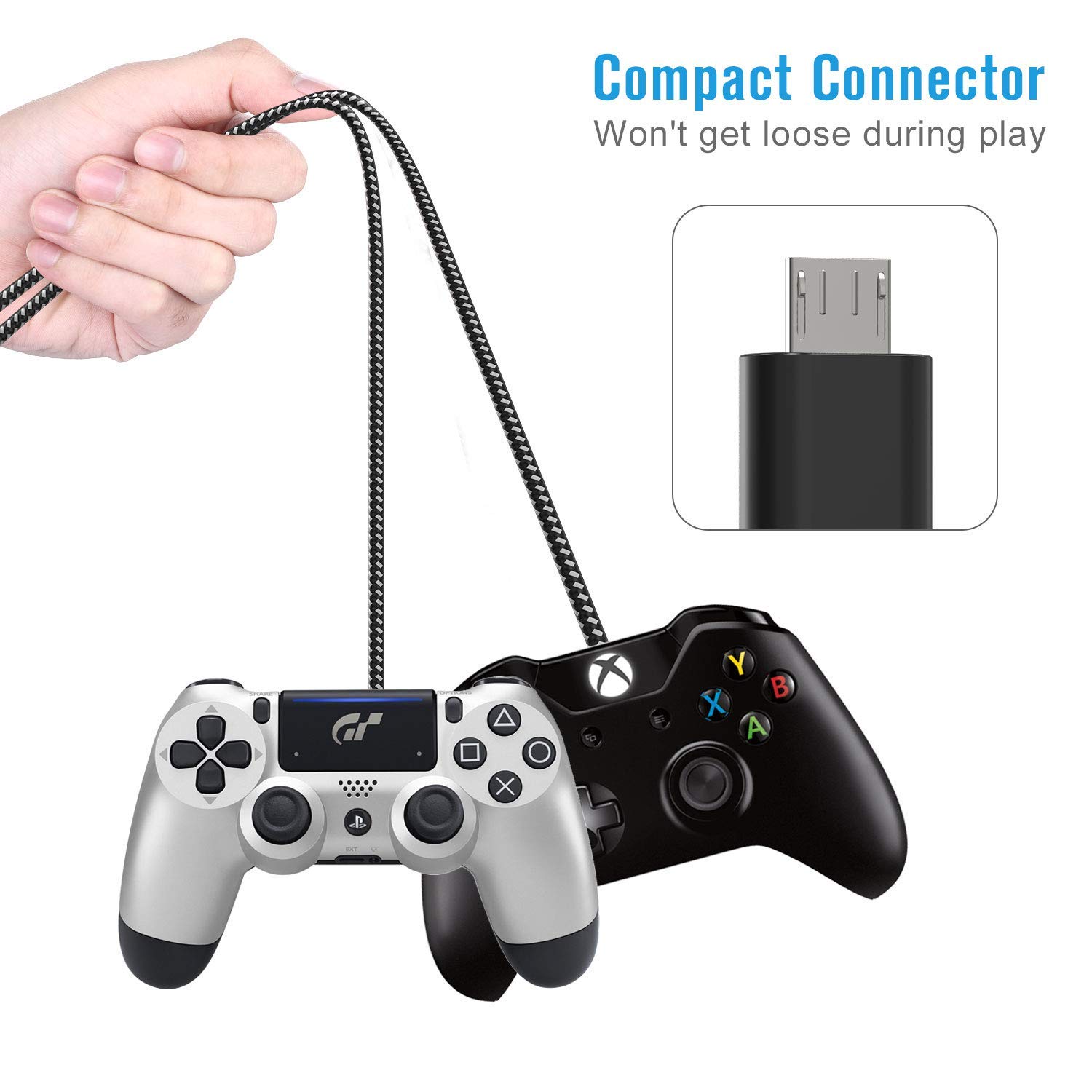Durable 10ft PS4 Controller Charger Cable (2-Pack) - Nylon Braided Micro USB 2.0 Fast Charging & Data Sync Cord for PlayStation 4/PS4 Slim/Pro, Xbox One S/X, Android Phones - Blue & White - Perfect for Gaming Sessions & Device Charging